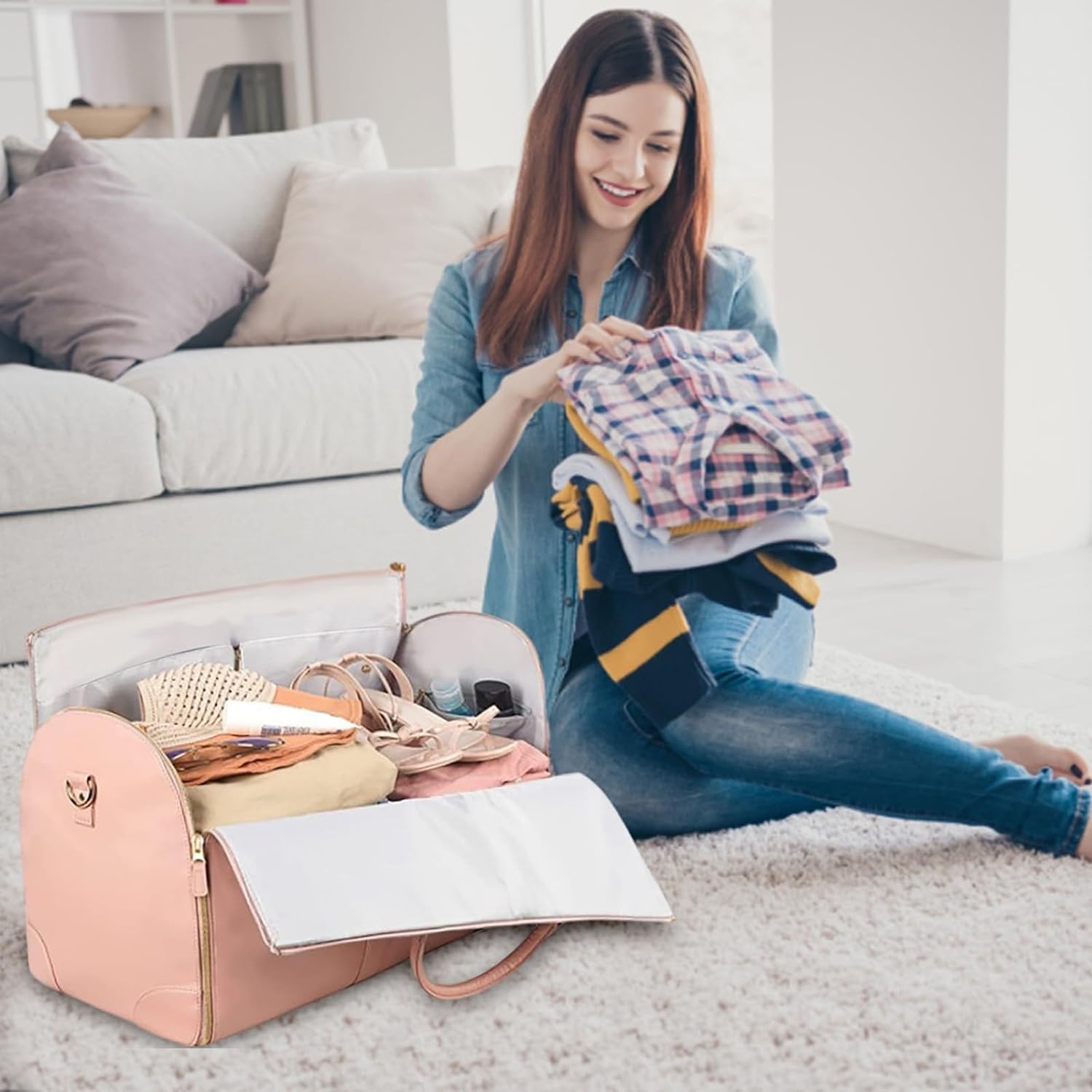 Garment Bag for Travel,Convertible Carry On Garment Bags for Women,Folding Suit Luggage,Bolsas Impermeables para Ropa,Bolsa Viaje Grande De Cuero De PU, con Bolsa para Zapatos, para Mujeres/Hombres