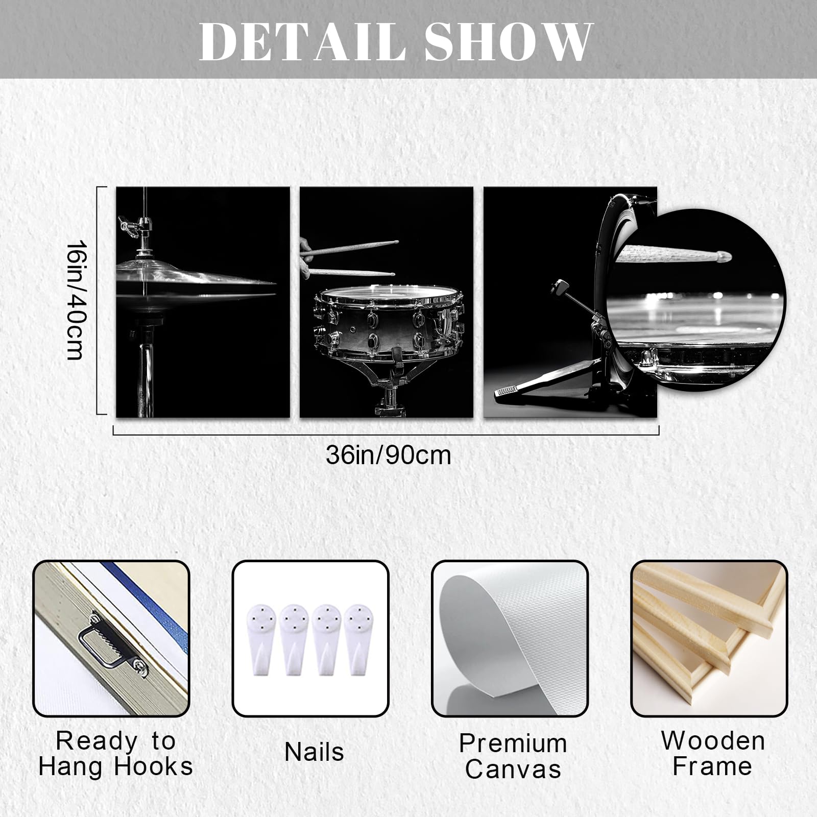 Canvbay Stampa artistica da parete in bianco e nero con kit di batteria jazz, poster con strumenti musicali, decorazione moderna per la casa per sala da studio rock, 30,5 x 40,6 cm, 3 pezzi