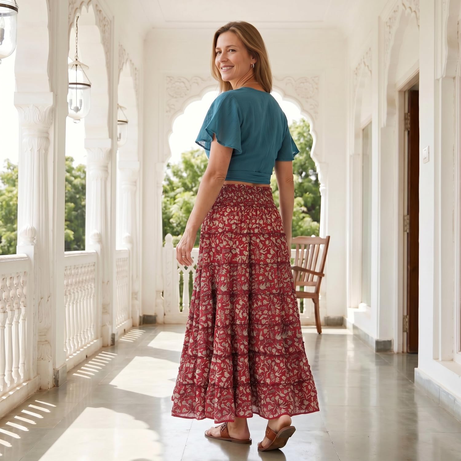Langer Boho Stufenrock, Maxirock Flamencorock, Baumwolle, weiß/bunt | Maxi-Länge, weit geschnitten, bequemer gesmokter Bund, ideal für Sommerlooks, nachhaltige Mode