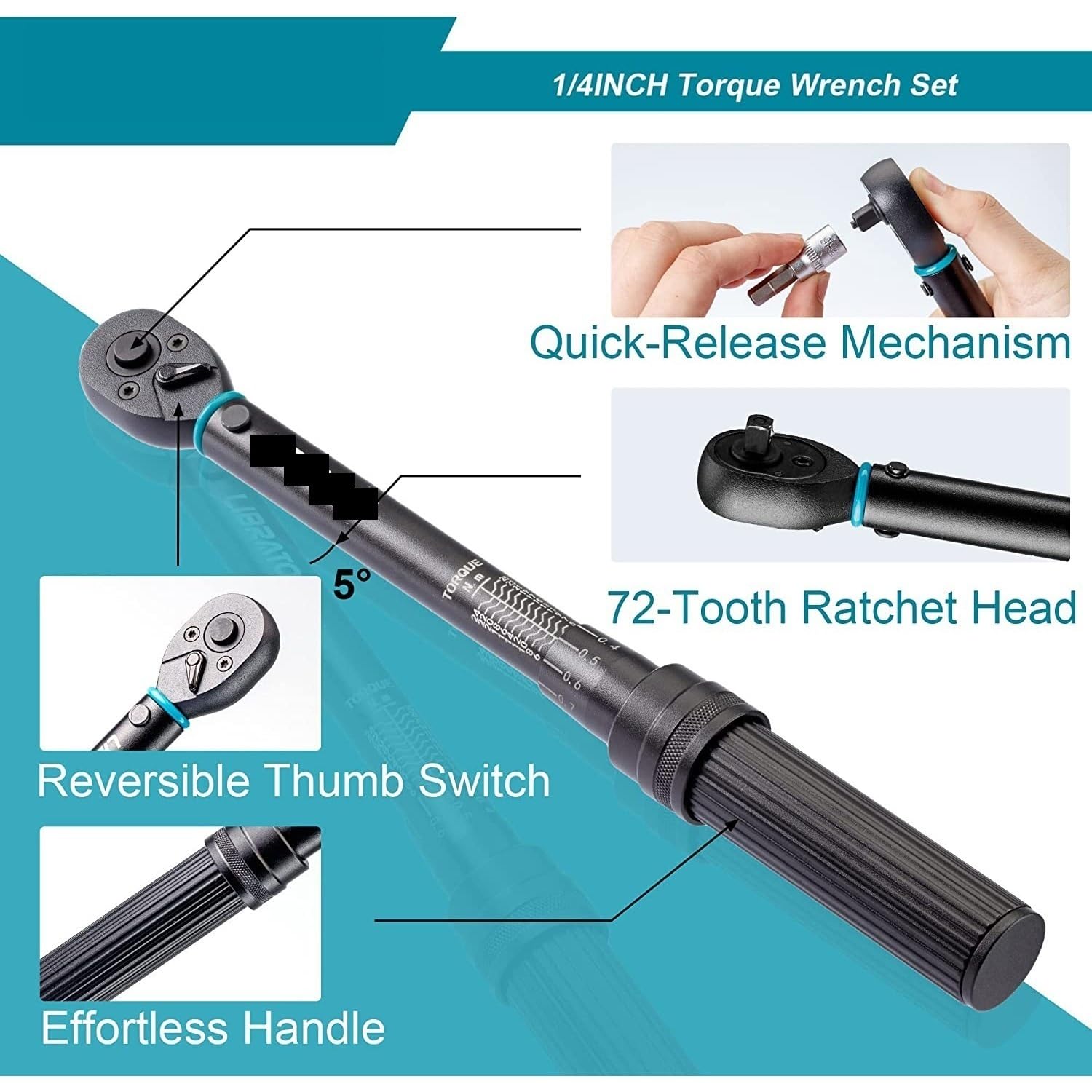 Rowerowy klucz dynamometryczny 1/4'', 5-25Nm, 0,1Nm Micro, zestaw kluczy dynamometrycznych Drive Click, sześciokątny, nasadki Torx/Star Bit, przedłużacz