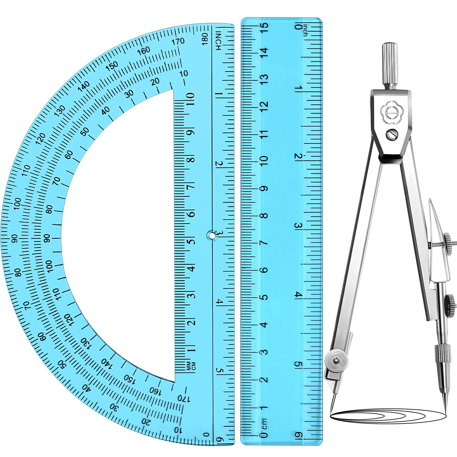 Zonon 3 Pcs 6" Clear Plastic Ruler 6 Inch Protractor Compass Set, Blue