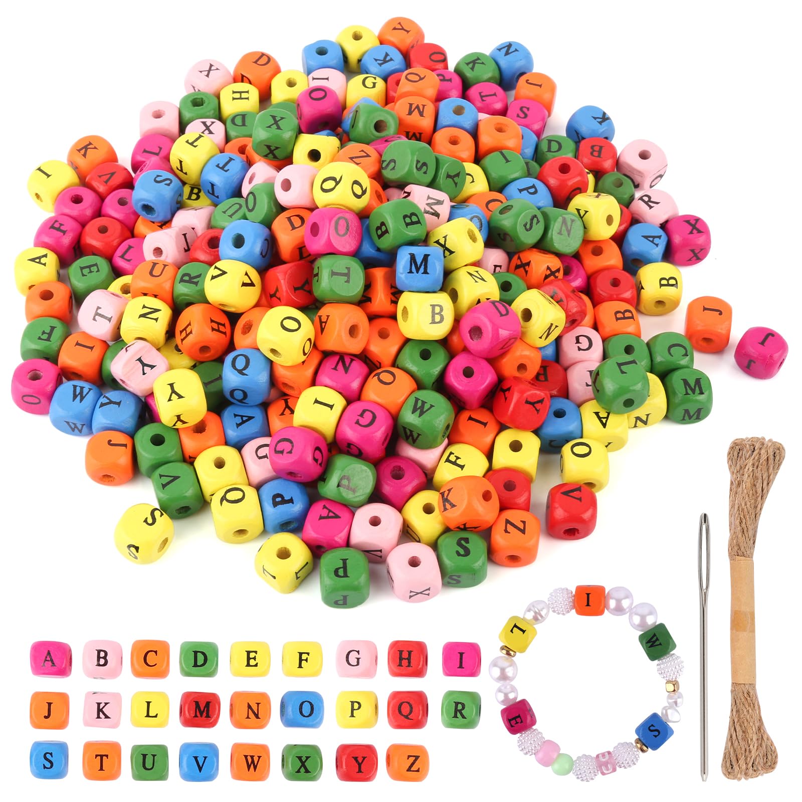 Pack of 300 Wooden Letter Beads, Wooden Beads Letters Colourful, 10 mm A to Z Letter Beads, Wood