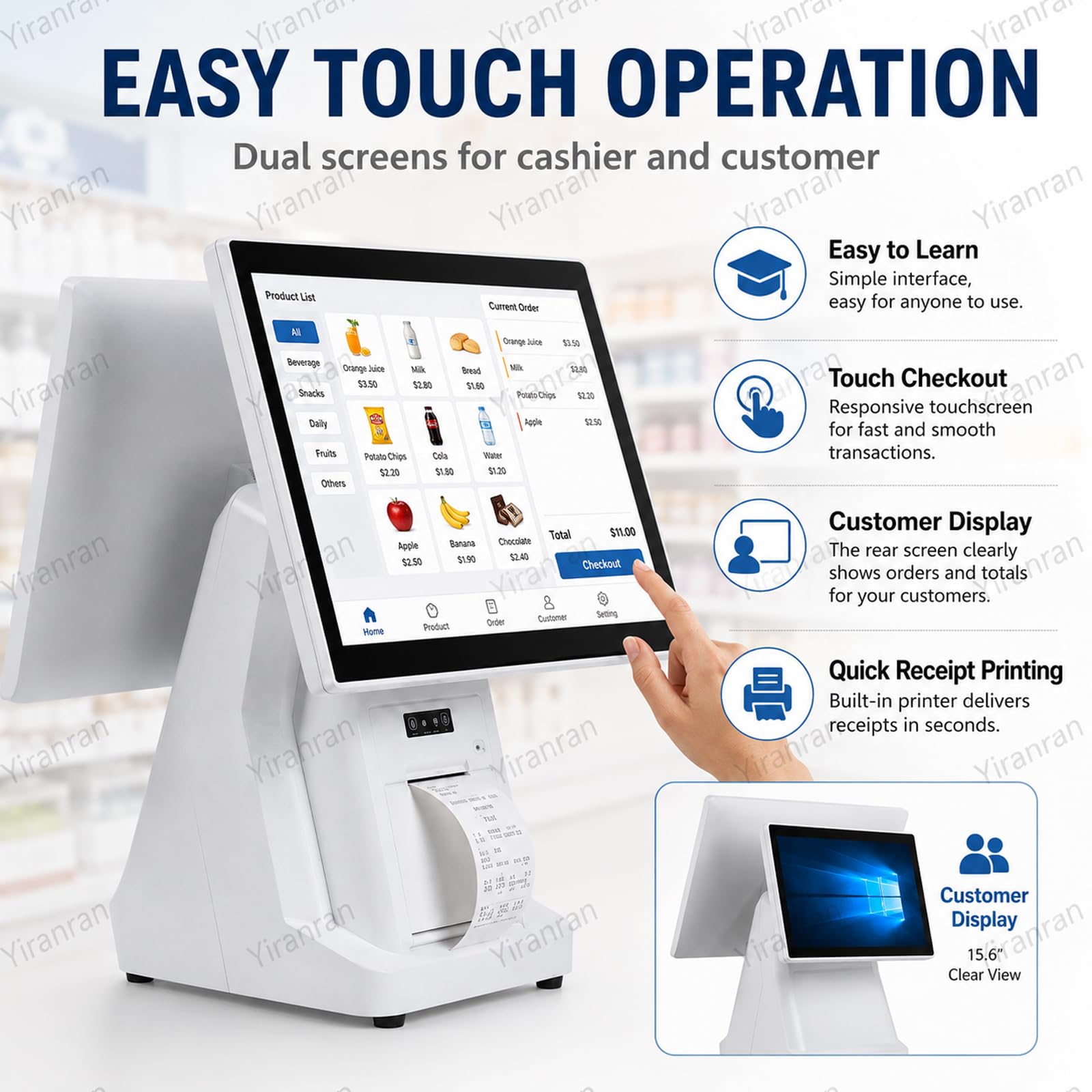 Caja registradora TPV todo en uno para pequeñas empresas, terminal TPV Windows con pantalla táctil dual de 15,6" e impresora de recibos integrada, 8 GB de RAM y 128 GB de almacenamiento, sistema de