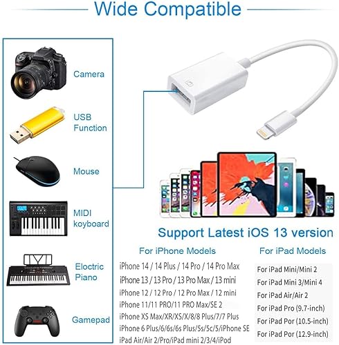 Miniatura 7 de Adaptador Lightning a USB para cámara, convertidor de cable USB OTG certificado MFi de Apple para iPhone 14 13 12 11 Pro Max XS XR X 8 iPad,
