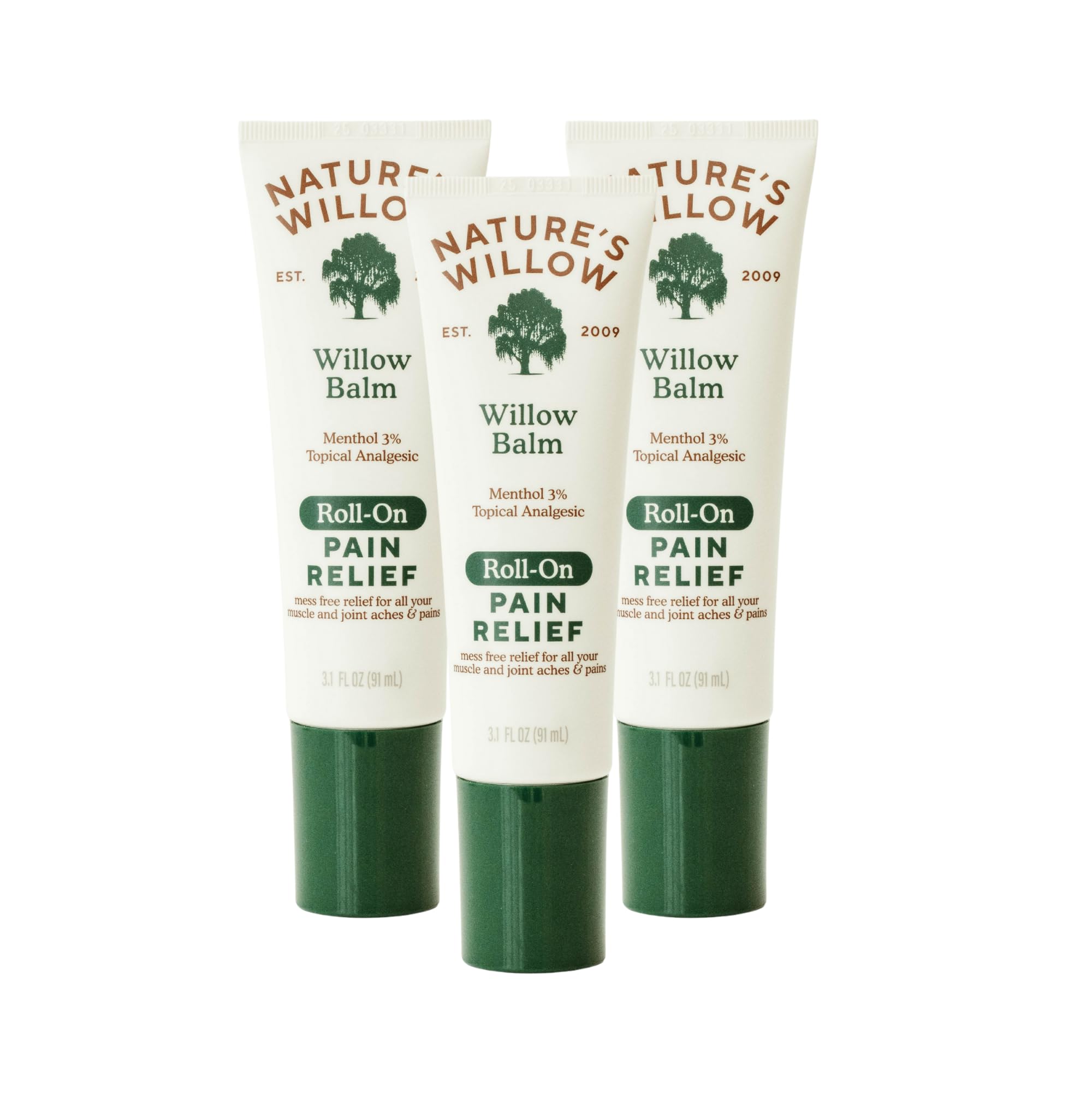 NEW Nature's Willow ROLL-ON Pain Relief | Fast-Acting, No-Mess Relief for Back, Neck, Knees & Joints | Willow Bark & Menthol | Clean, Fresh Scent | No Dyes or Artificial Fragrance | 3.1 fl oz | 3-Pack