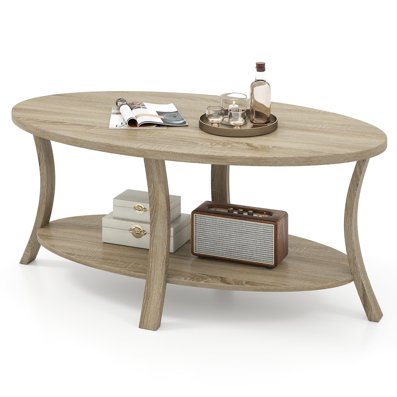 LIFEZEAL Mesa de Centro Ovalada de Madera de Caucho, Mesa de Centro de 2 Niveles con Estante de Almacenaje, Mesa Rústica para Salón, Hogar, Oficina, 111 x 60,5 x 47 cm (Natural)