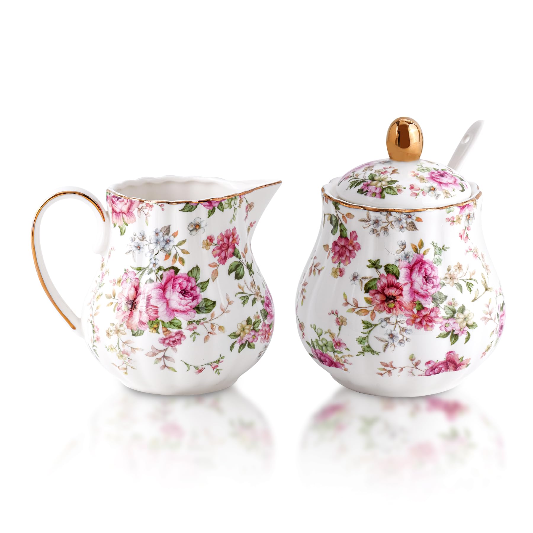 Agyiuns Ceramic Sugar and Creamer Set, 3 Piece Set with Cream Pitcher, Sugar Bowl, Sugar Set with Lid and Spoon (White with flower)