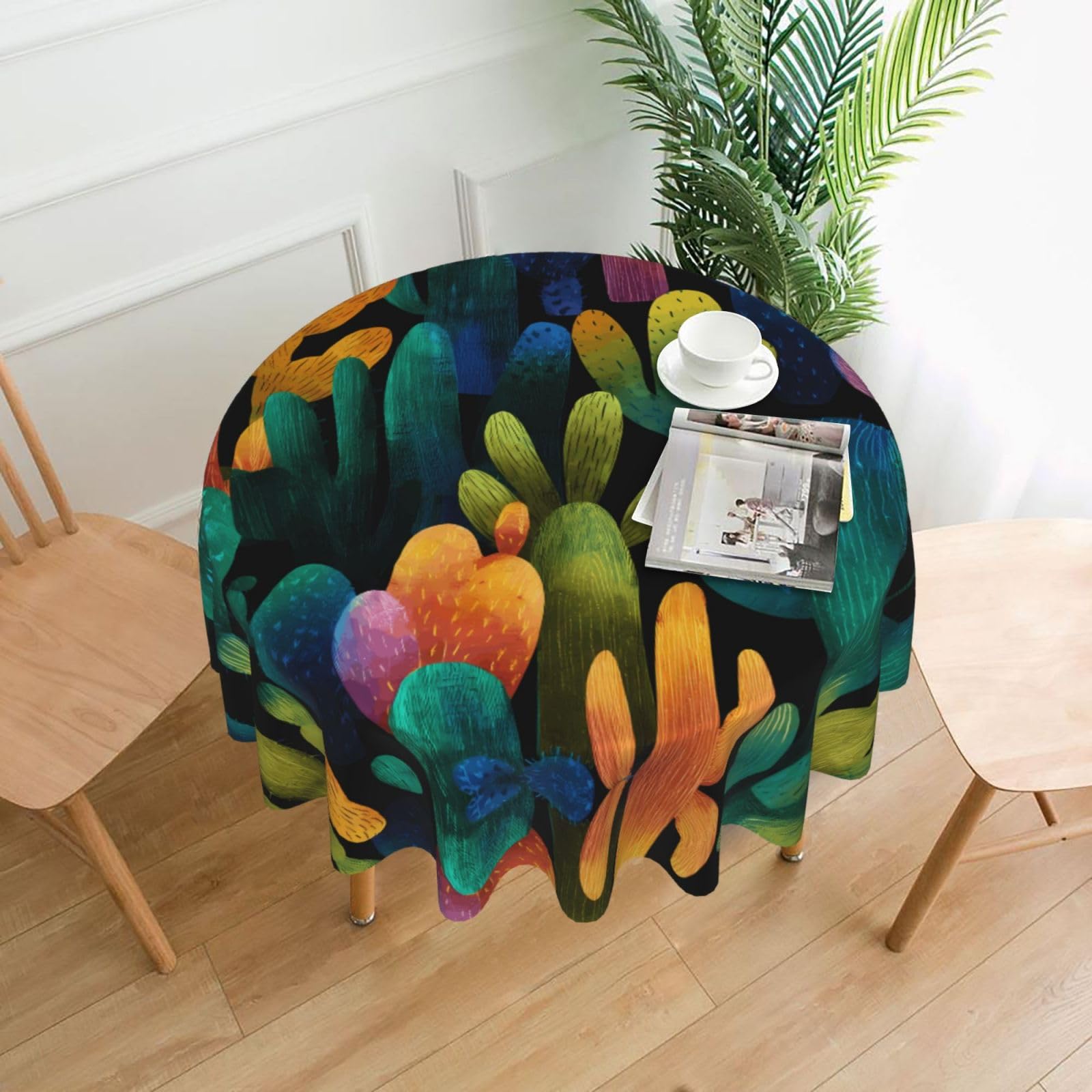 MROWYC Rainbow Cactus Printed Practical Round Tablecloth, Durable, Suitable for Home, Restaurant, Hotel, Gathering, and Decorative Table Covers
