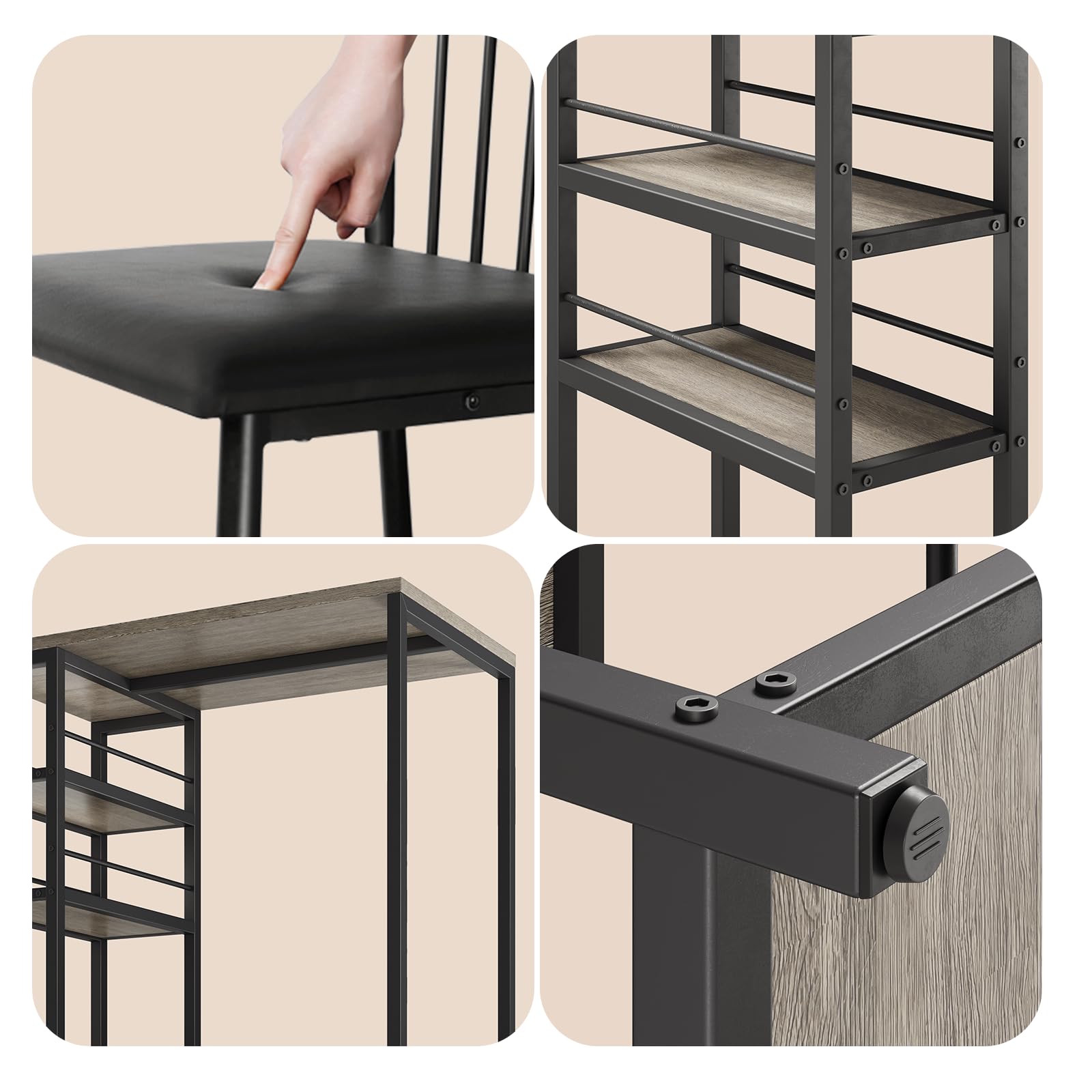 Xbro Bartisch Set 3-Teilig, Esstisch mit 2 Gepolsterten Stühlen, Esstisch-Set für 2 Personen mit 3 Ablagen, Metallgestell-Bartisch mit Barhocker-Set, Bistrotisch für Küche(Grau)