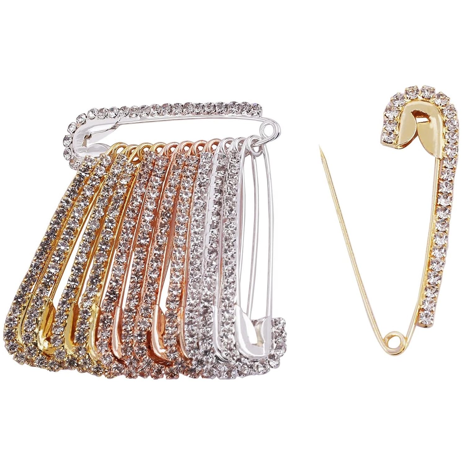 Vnidjgb No 12 Pcs Rhinestone Fancy Safety Pins,2 Styles Gold And Sliver Rhinestone Pins,Colorful Large Safety Pin,Fashion Brooch Decorative,For Clothes Hats,Sweaters,Scarves Accessories