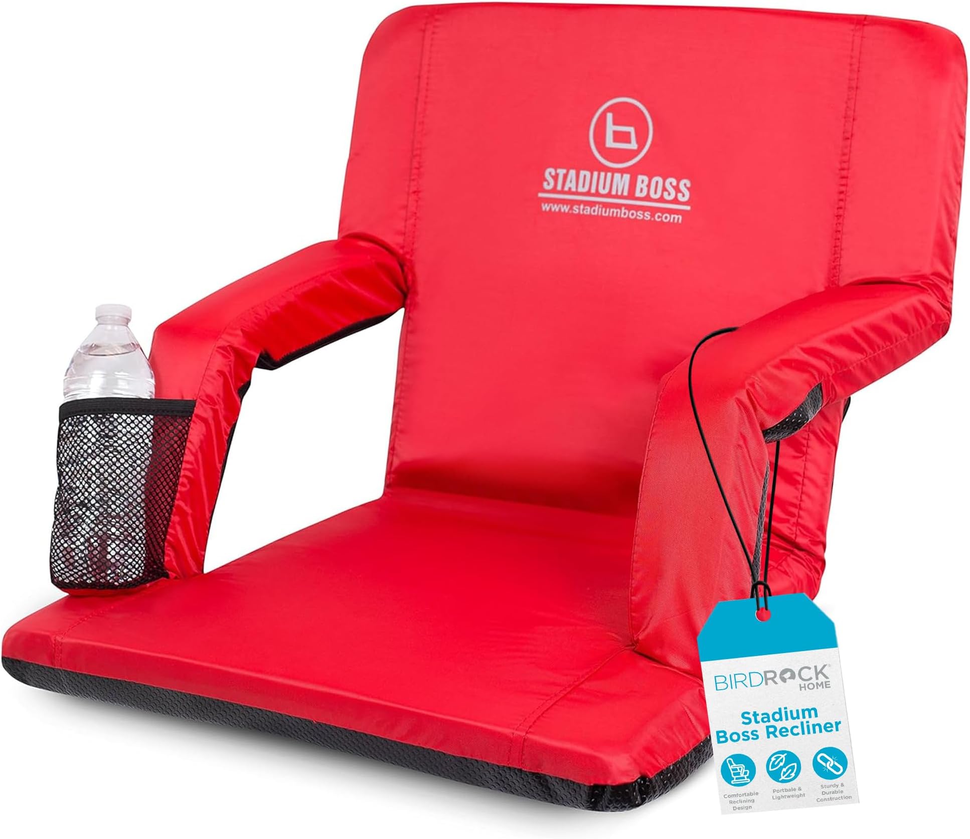 Stadium Boss Recliner Stadium Seat for Bleachers, Benches, Lawns, Backyard, Camping & Beach – Padded Sport Chair, Cushion Backs & Armrest – 6 Reclining Positions – Portable Carry Straps – Red