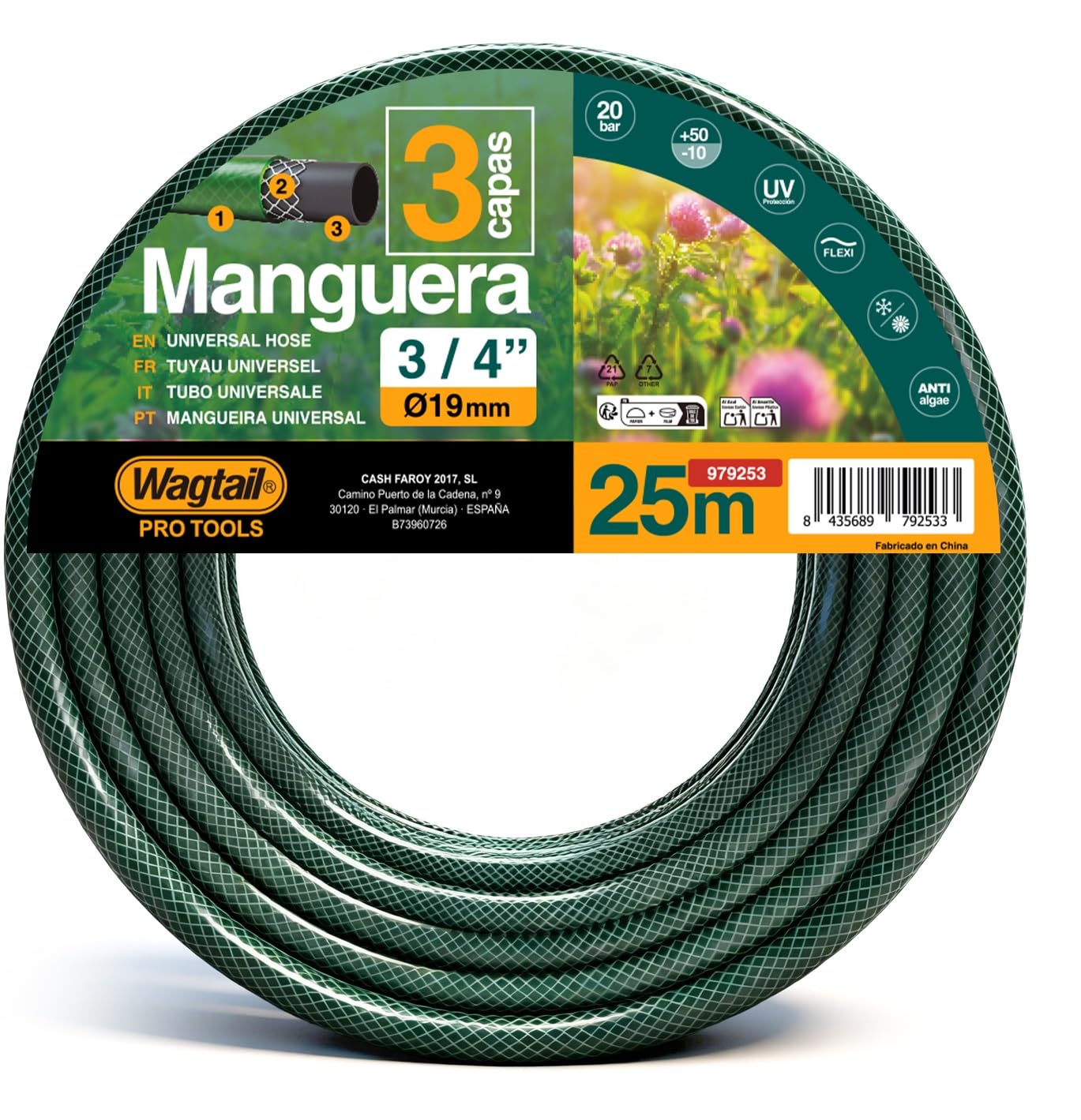 Manguera de Jardín 25 m 1/2”, Manguera de Riego de 3 Capas, Protección UV y Flexible para Jardín y Exterior