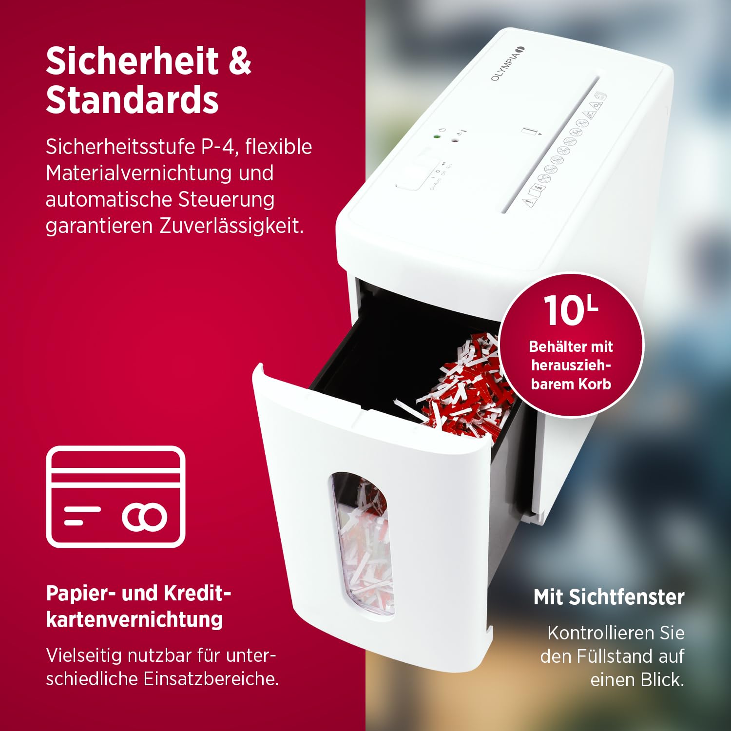 Olympia CC1010S Aktenvernichter 10 Blatt P4 Partikelschnitt – Leiser Papierschredder für Büro & Home Office – Dokumente, Kreditkarten & Papier sicher schreddern – 10 L Auffangbehälter