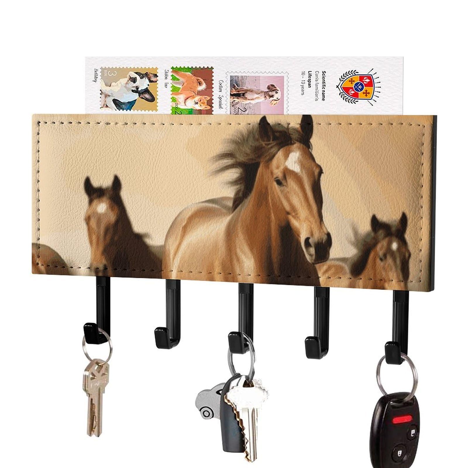 Fekiloot Black Horses Key Holder For Wall Adhesive, No Drilling, Key Hooks With 5 Hooks Wall Mounted, Self Adhesive Keys Rack For Entryway, Hallway, Living Room, Kitchen, Office