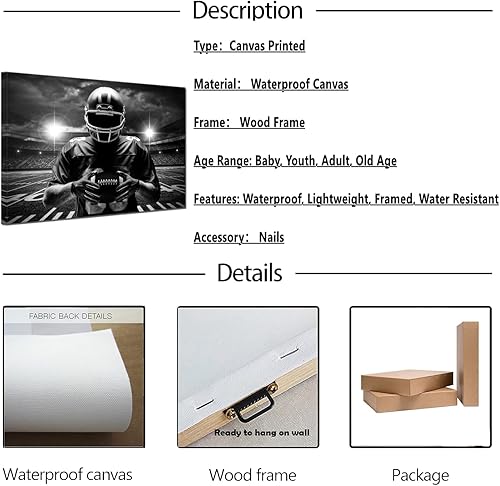 Miniatura 9 de Lienzo de paisaje de campo de fútbol americano en blanco y negro para dormitorio de niños, baño, arte de pared, arte de pared, arte de rugby, atleta