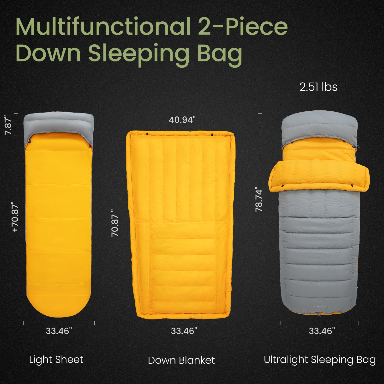 ATEPA Saco de Dormir de plumón para mochilero, Ultraligero, 650 FP, -6.7 °C/-1.1 °C 4 Estaciones, Saco de Dormir de 2 Piezas, Material reciclable con Saco de compresión, como Manta, Color Gris