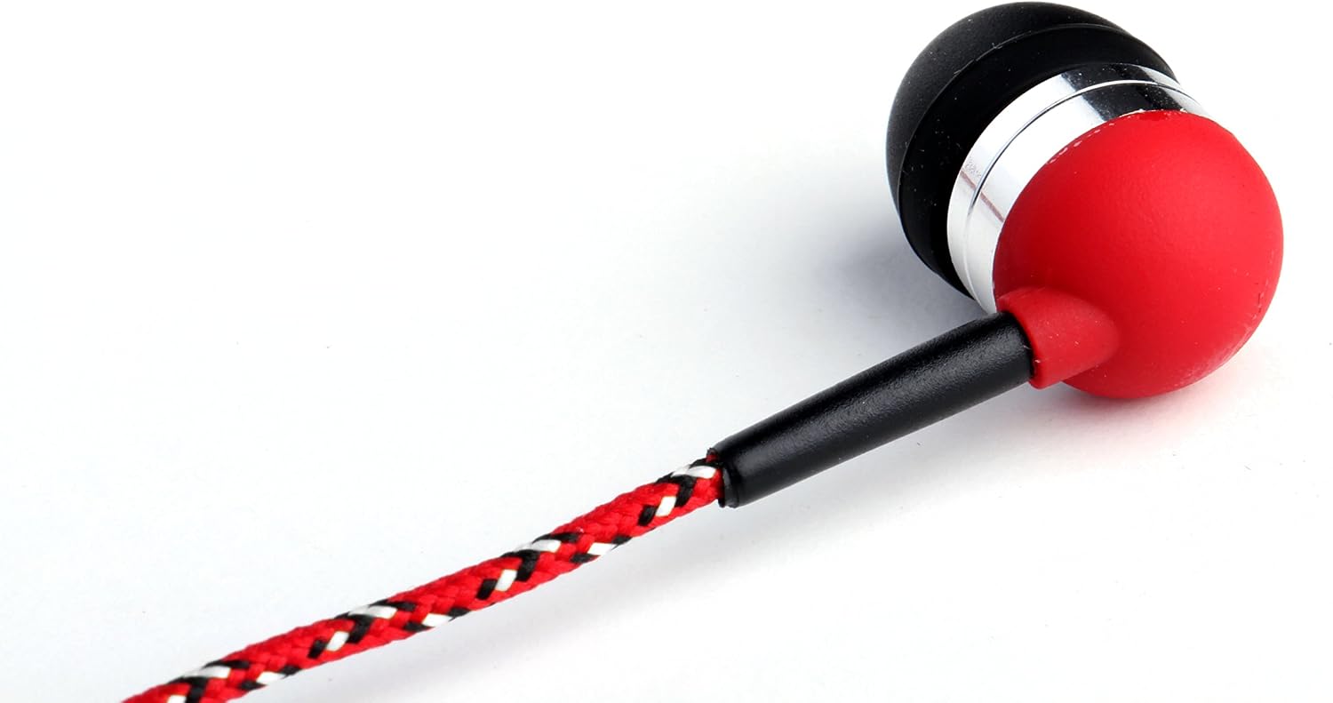 Tweedz Durable, Tangle-Free Wired Earbuds with Microphone - Comfortable in Ear Stereo Headphones with 100% Nylon Braided Fabric Wrapped Cords and Noise Isolating Ear Buds (Red)