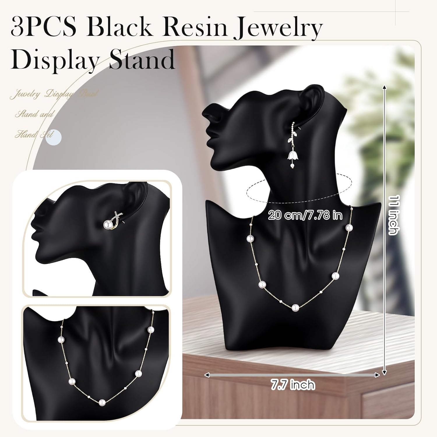 3 Pcs Bust Necklace Mannequin Display Black Resin Jewelry Display Stand for Vendors Earring Rings Pendants Shows Selling Home Decor
