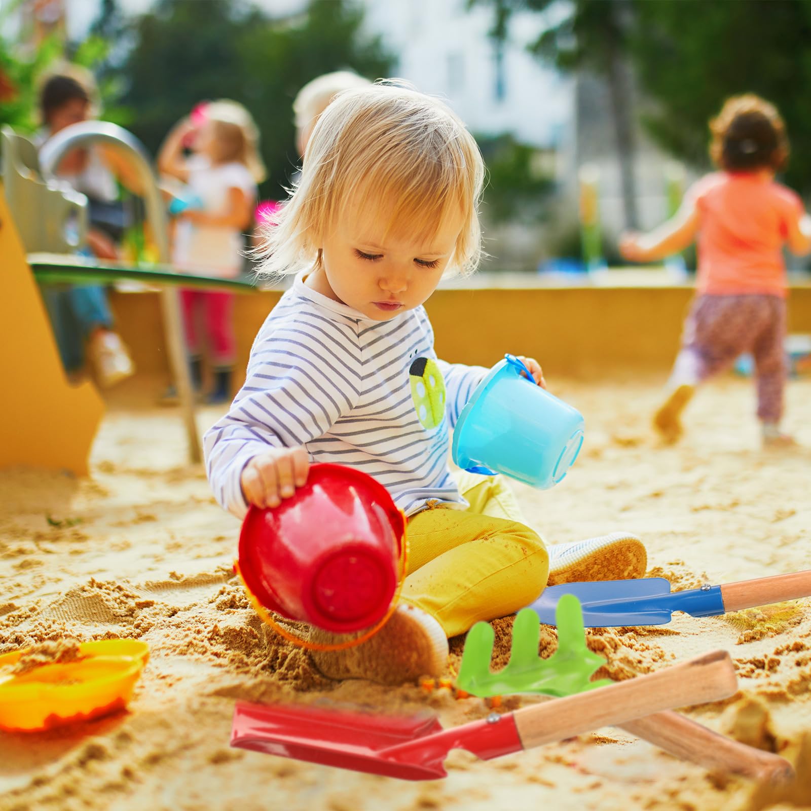 Juego de 18 herramientas de jardinería para niños, herramientas de metal para patio con mango de madera resistente, caja de arena segura para niños, juego de arena para playa, juego de arena 6