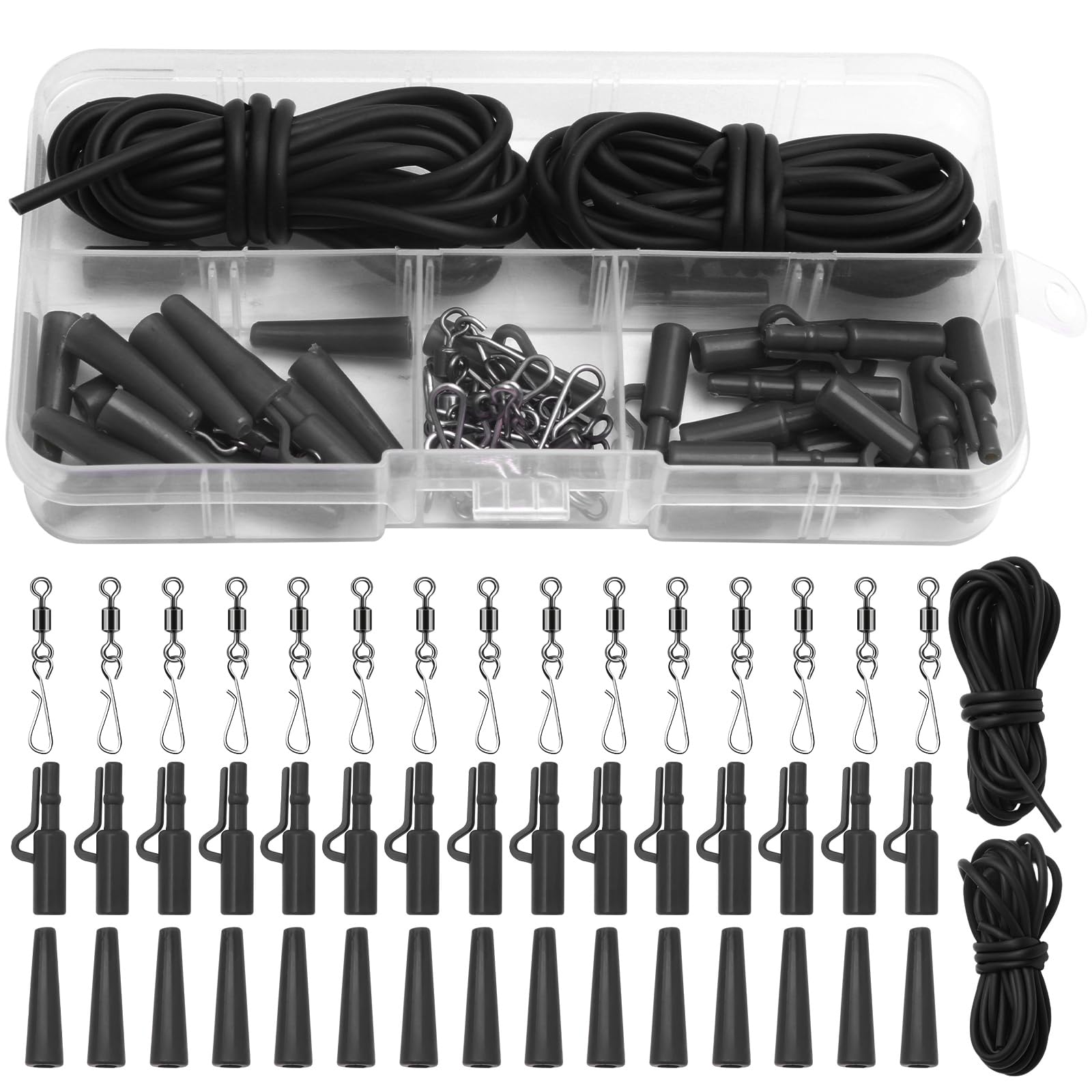 DONQL 47 Pcs Lead Clips Carp Fishing Accessories, Hanging Snap Fishing Line Connector with Clips Anti Tangle Sleeves and Fishing Silicone Rigs Tubes for Fishing Lure to Line Connectors (Black)