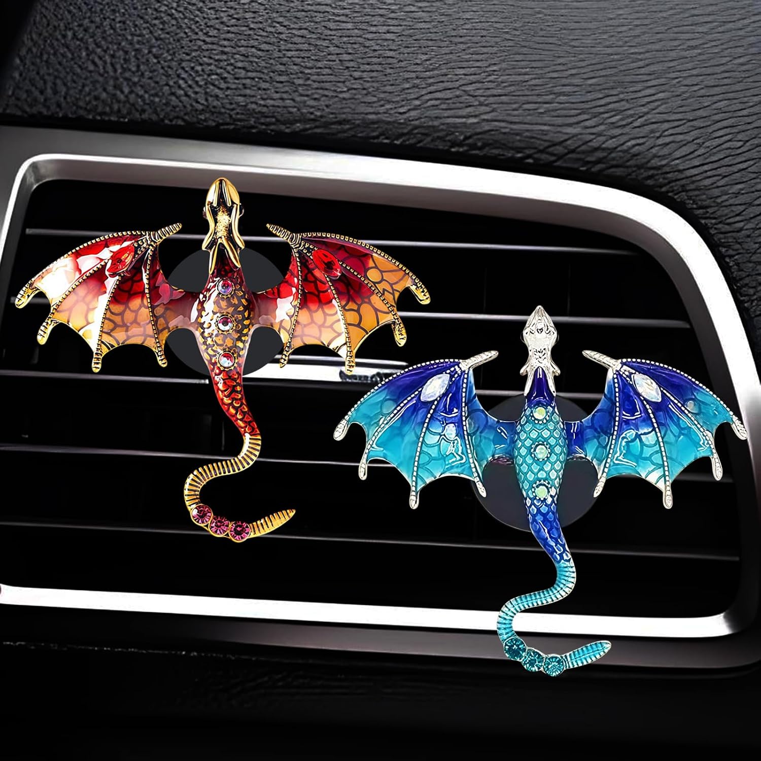 2 Pcs Bling Dragon Car Air Freshener Vent Clips, Crystal Rhinestone and Enamel Dragon Air Vent Clips Car Diffuser Cute Car Interior Decoration Accessories for Women Gift (Blue Red)