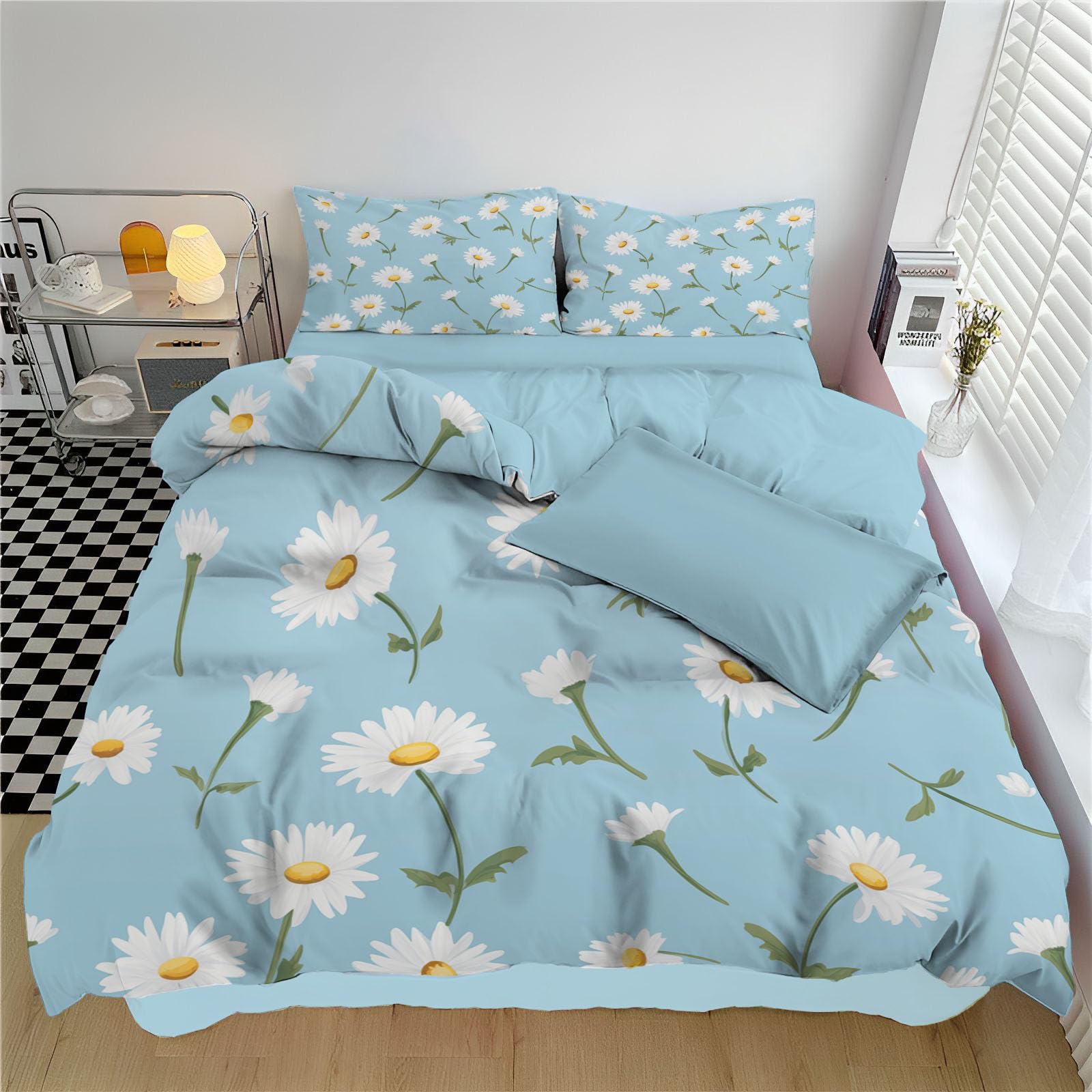 Parure de lit marguerite 200x200 bleu clair en microfibre avec 2 taies d'oreiller