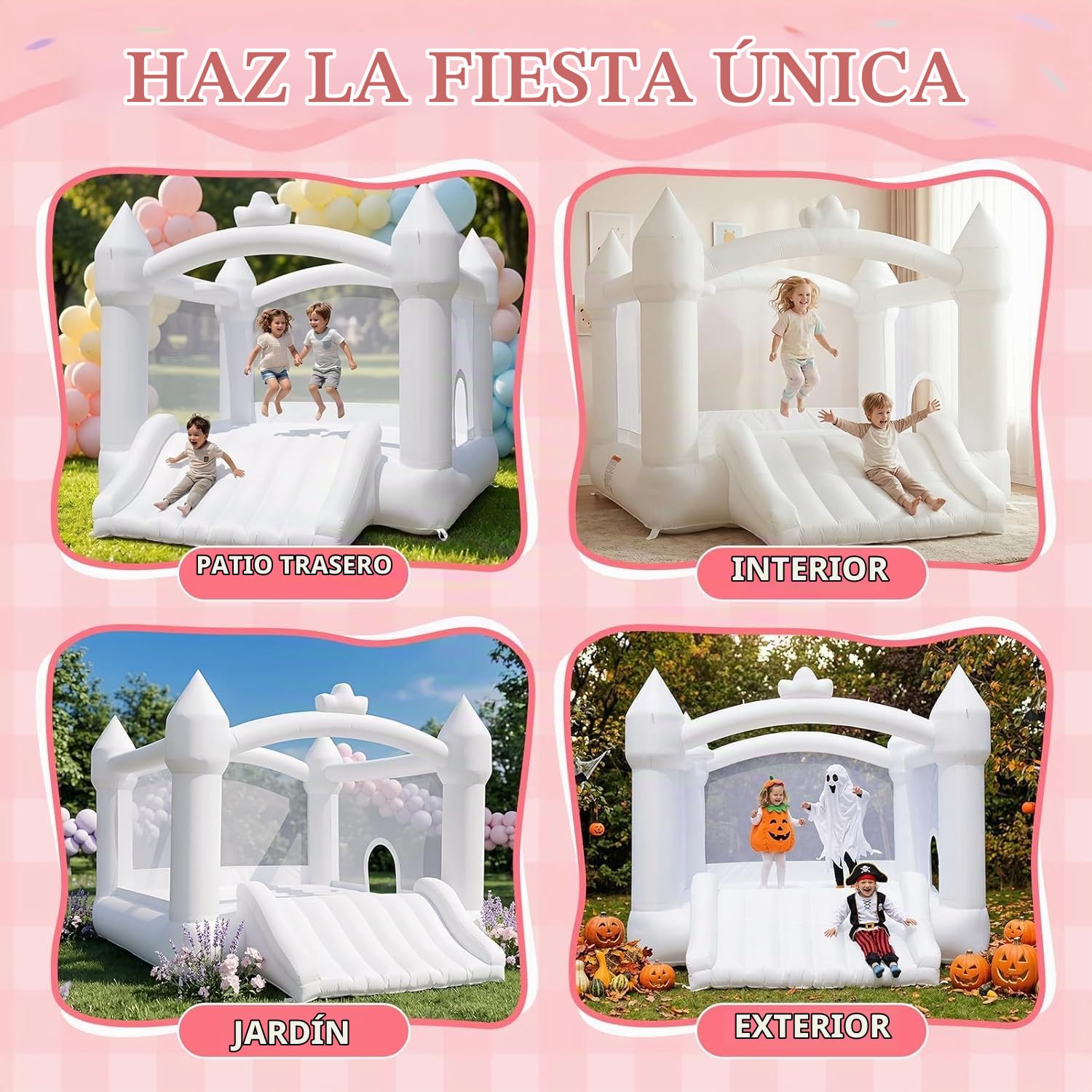 Castillo Hinchable Blanco para Niños con Soplador para Exterior o Interior