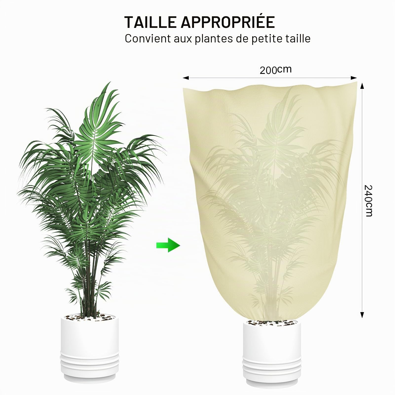 Lot de 2 protections hivernales pour plantes d'extérieur, 200 x 240 cm, protection hivernale pour plantes en pot, avec fermeture éclair et cordon de serrage, protection hivernale pour arbre, palmier