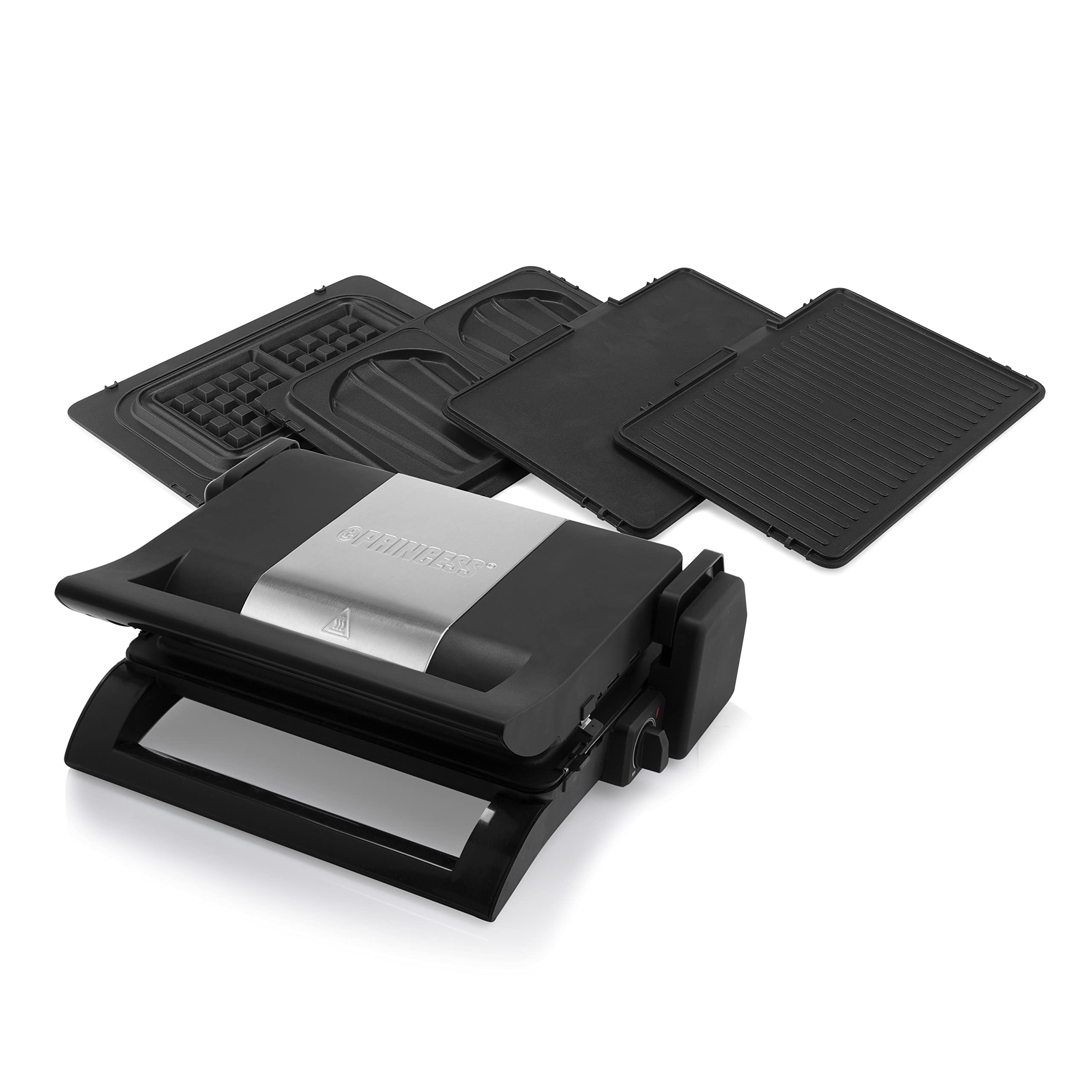 Princess Multi-Grill 4-in-1, Kontaktgrill - Tischgrill - Sandwich Maker und Waffeleisen, Aus rostfreiem Stahl, 1500 Watt Leistung, inklusive 3 Plattensätze, 180° aufklappbar, Schwarz/Silber, 112536