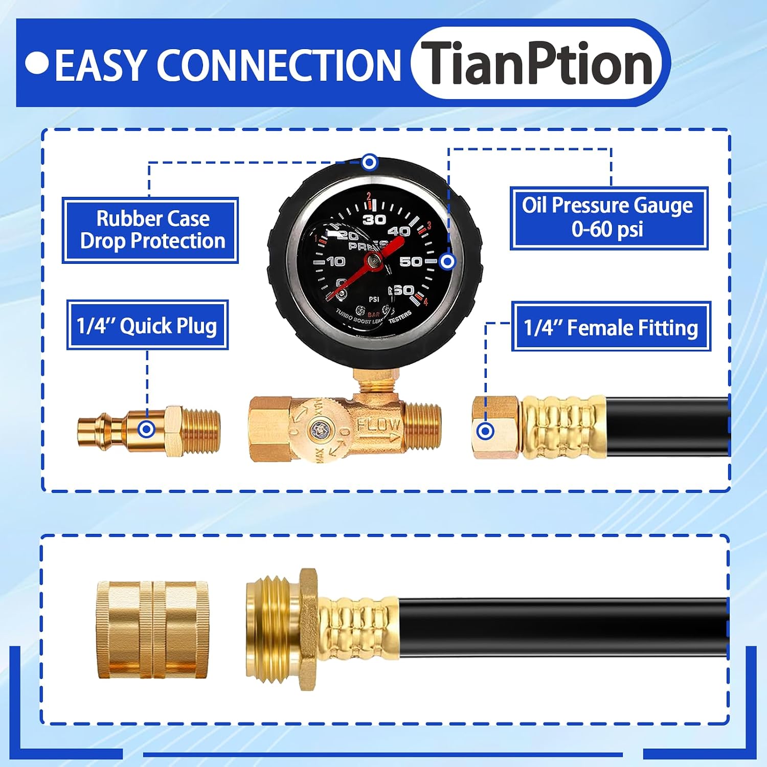 Upgraded RV Water Blow Out Winterizing Kit Sprinkler Winterization Hose with Oil Filled Pressure Gauge Compressor Winterize Adapter Plug, for Camper, Boat, Travel Trailer, Motorhome, Faucet