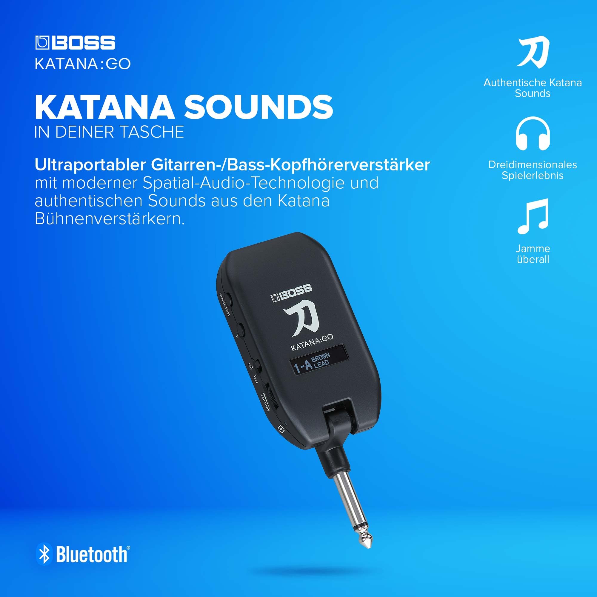 BOSS Katana:GO, Personal Headphone Amplifier für Gitarre & Bass, Spielfertige Sounds aus den Katana Bühnenverstärkern, Innovative Raumklangtechnologie, Bearbeite Sounds & streame Backingtracks
