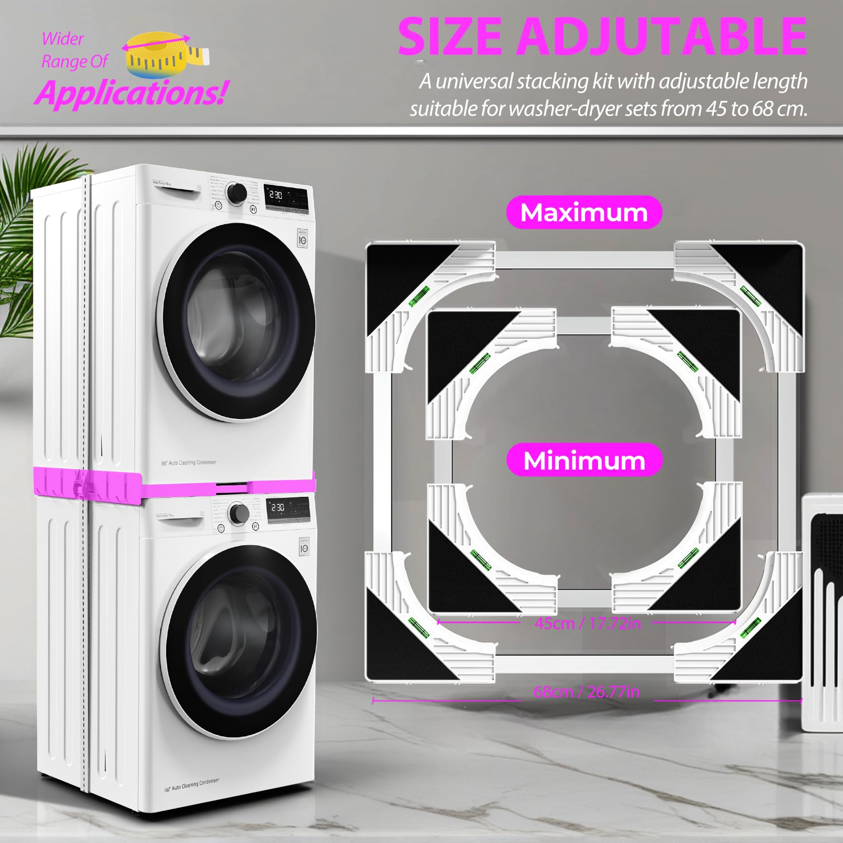Ultrasottile Kit Sovrapposizione Lavatrice & Asciugatrice Universale | Sistema di Impilaggio Regolabile 45-68cm/ Con 4 ganci | Anti-Vibrazione & Installazione Senza Fori per Candy/Whirlpool (Bianco)