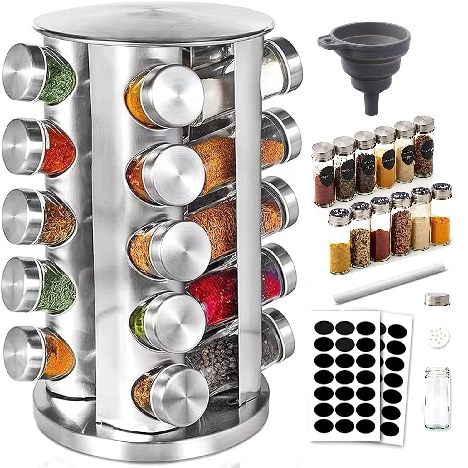 Porta Spezie Cucina con 20 Vetro Barattoli,Spice Rack Girevoli 360° | Spice organizer in 430 Acciaio Inox,Porta Spezia Rotante con Kitchen,Facile da Pulire-Salvaspazio