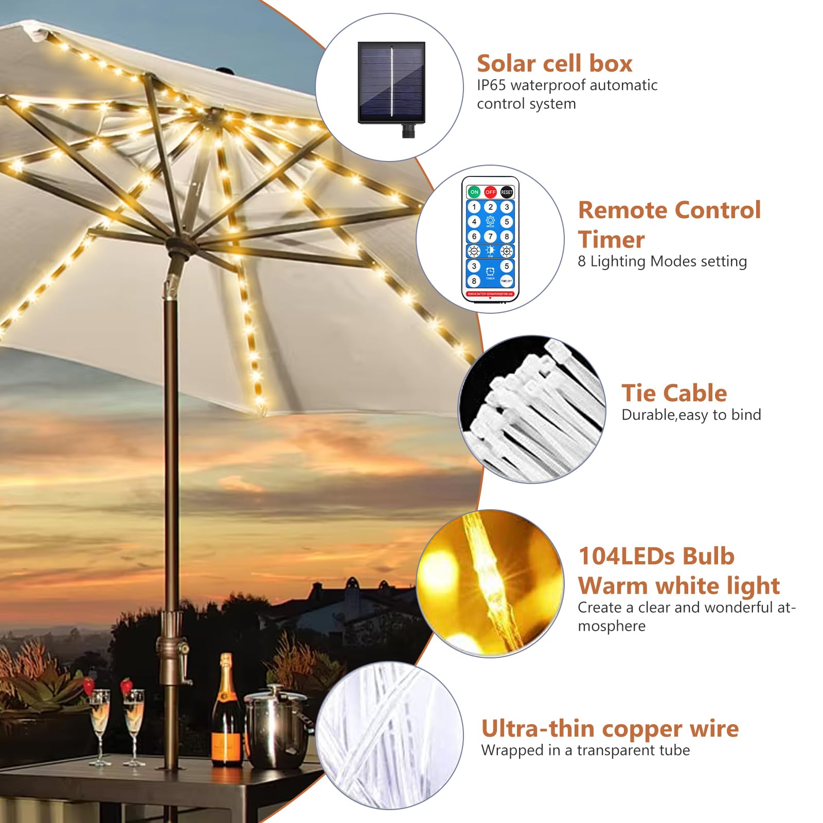 BORDEAG Éclairage solaire pour parasol - 104 LED - 8 modes - Guirlande lumineuse solaire pour parasol de terrasse - Avec télécommande