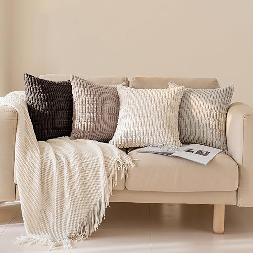 Miniatura 5 de Softalker Juego de 4 fundas de almohada de pana de 16 x 16 pulgadas, fundas decorativas modernas de estilo bohemio con rayas suaves para sofá,