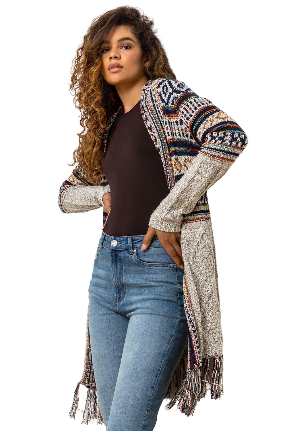 Roman Originals Women Cardigan - Ladies Longline Coatigan Tassel Open Front Cardi Winter Autumn Casual Textured Edge to Edge Yarn Patterned Comfy Work Going Out - Natural - Size 12