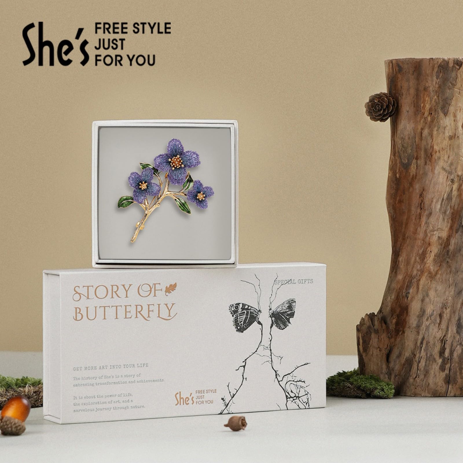 SHE'S FREE STYLE JUST FOR YOU Broche fleur Forget Me Not faite à la main en fil doré brodé et feuille d'émail goutte à goutte à la main, broche florale botanique dégradée pour femme, SHE'S FREE STYLE