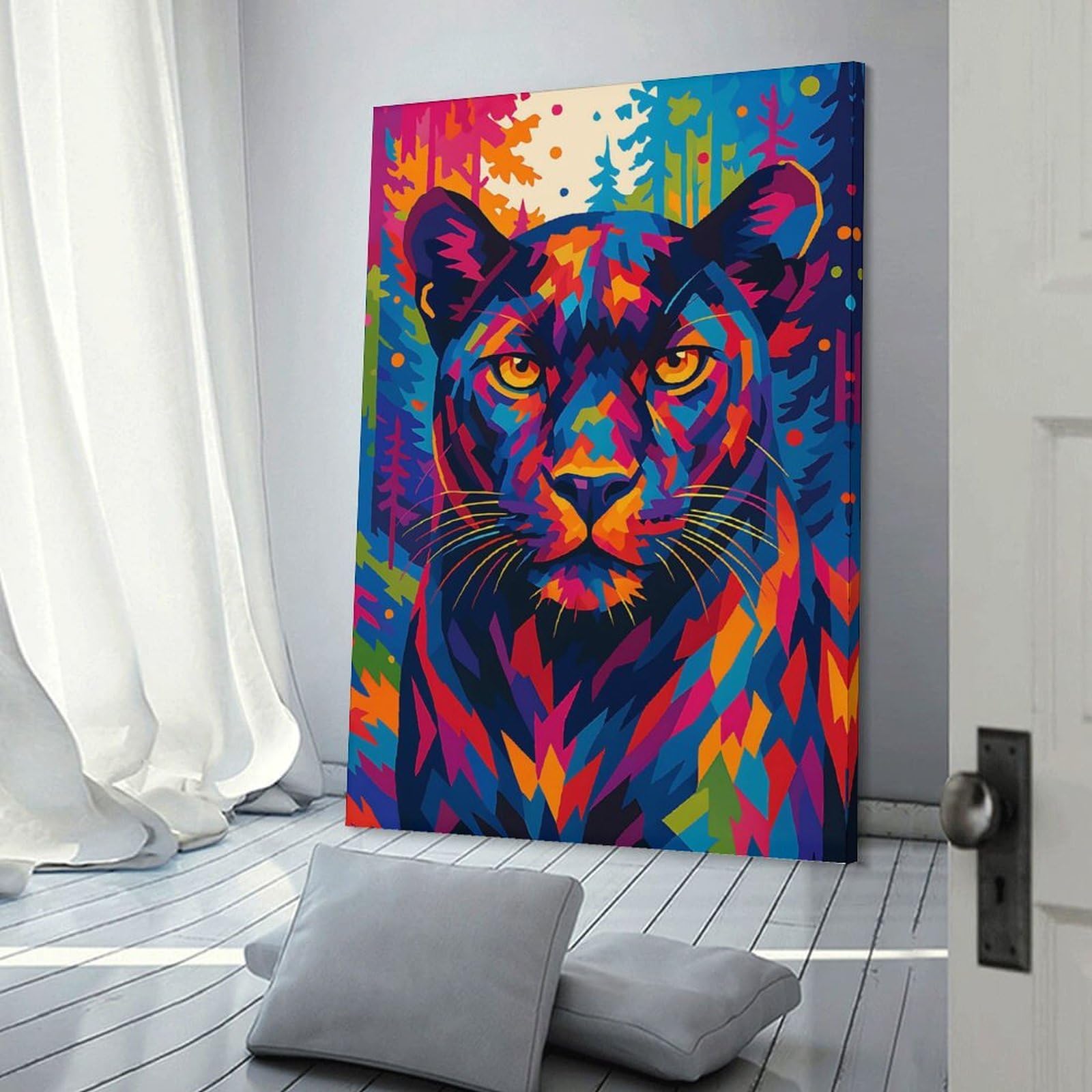 Junmoney Wall Picture Print Colorful Panther Portrait in Forest, 12x18inch(30x45cm), for Entrance Walls, Hall Decor Or Foyers, A Neat Decor Update for Hallways