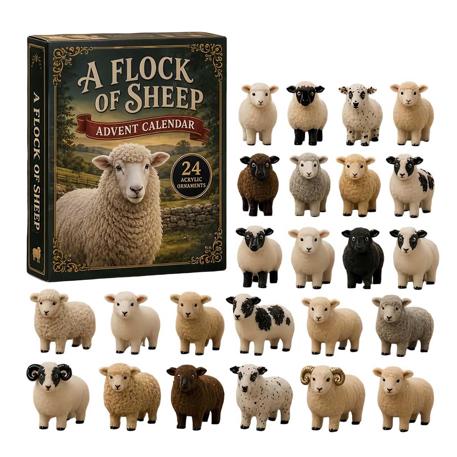 Cozy Sheep Christmas Advent Calendar 24 Days, 2D Acrylic Ornaments