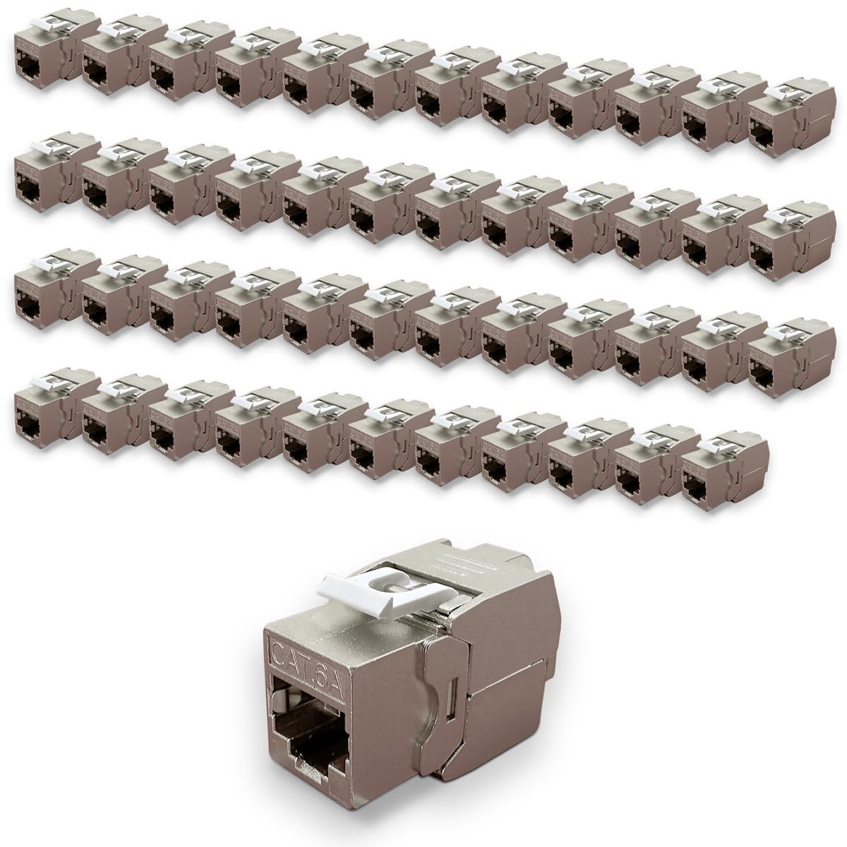 Waytex - Cabezales Keystone RJ45 Cat6a FTP (48 unidades, conectores blindados de metal zinc, niquelado, 10 Gbps 500 MHz, blindados FTP - T568 A/B AWG22-26 con bridas