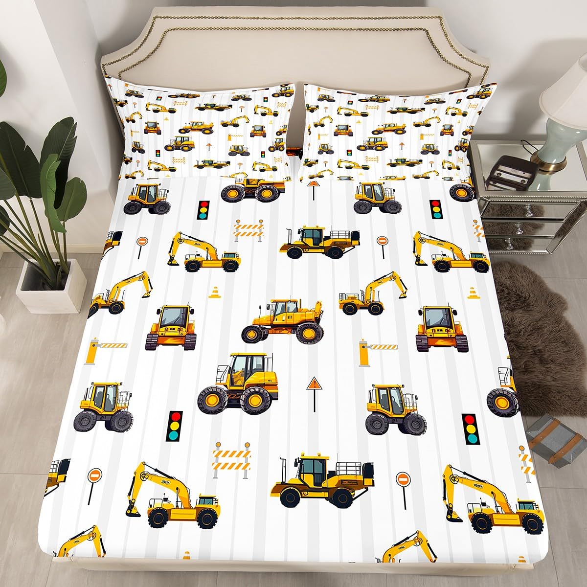Construction Fitted Sheet King Size, Excavator Tractor Truck Bedding Set 3pcs for Kids Boys Teens Room Decor, Cartoon Car Bed Cover with 2 Pillowcases, Soft Polyester Bedding