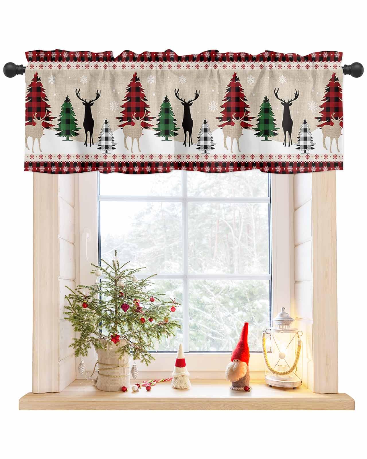 Chucoco Christmas Deer Valances for Kitchen Windows,Elk Xmas Trees Window Valance Rod Pocket Curtain Valance,Red Buffalo Plaid Winter Snowflake Window
