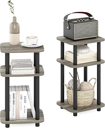 Miniatura 13 de Furinno JUST Mesa lateral, Mesa terminal Turn-N-Tube de 3 niveles con estante abierto, Mesita de noche con esquina de curva redonda, Mesa de Roble