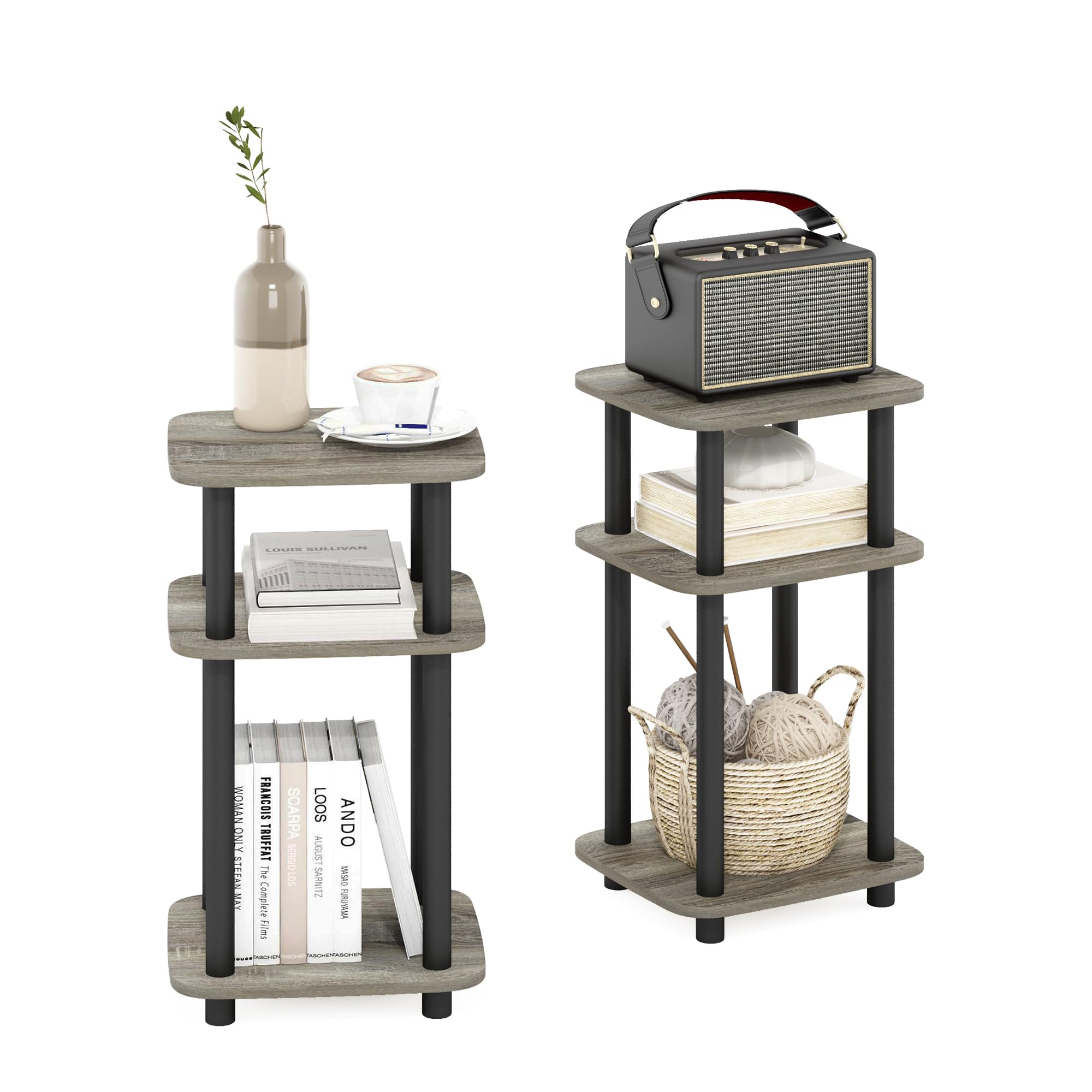 Furinno JUST Side Table Set of 2, 3-Tier Turn-N-Tube End Table with Open Shelf, Round Curve Corner Night Stand, Bedside Table, Easy Assembly, for