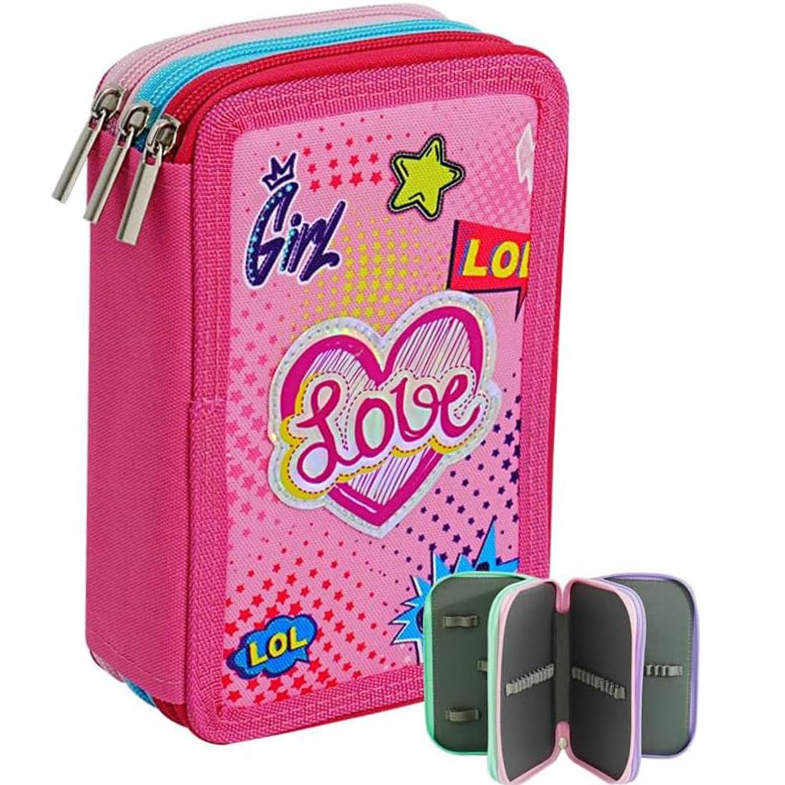 Veroa Pencil Case with 3 Compartments - Square, pink heart shape-b, L, cute