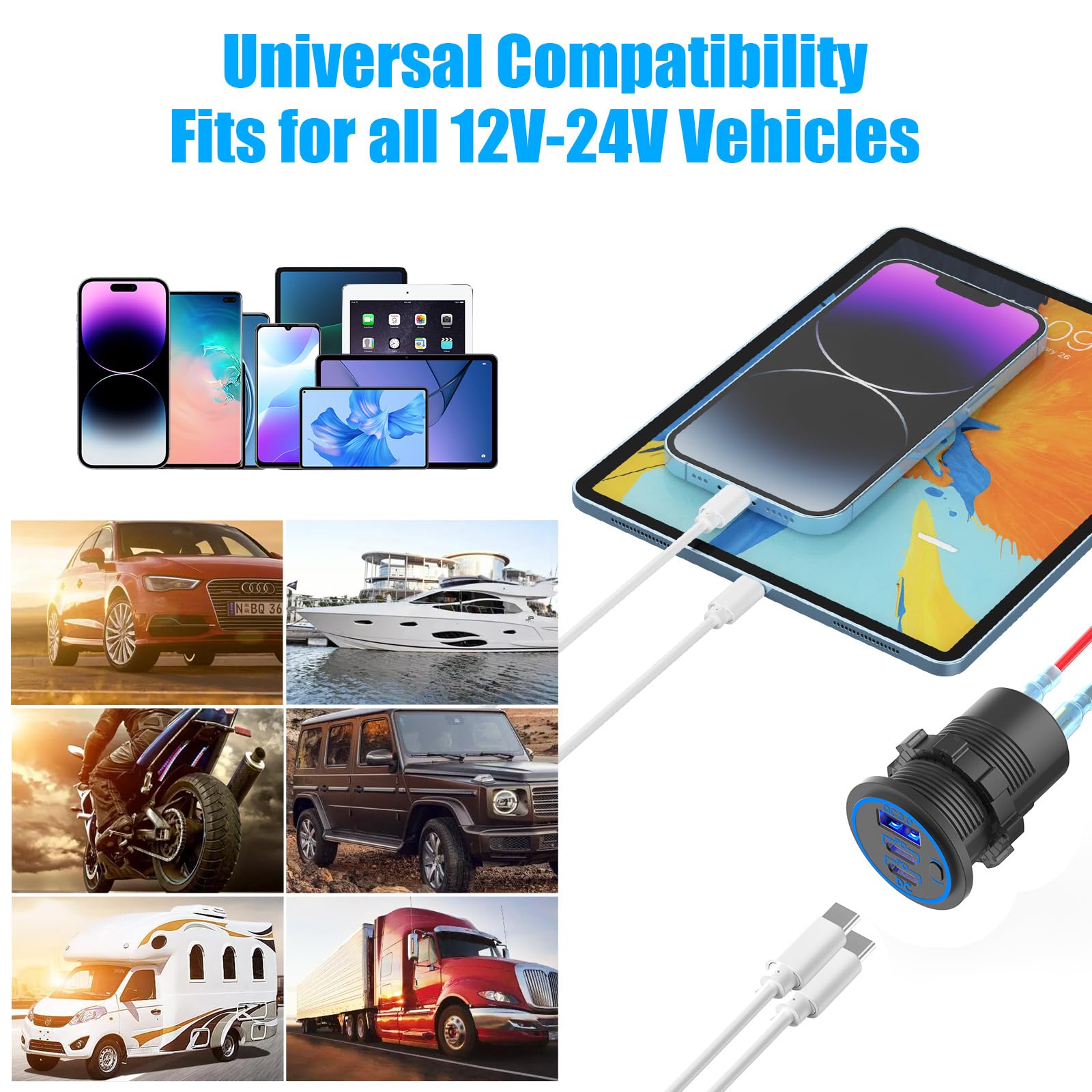 Cargador de coche USB C de 12 V, salida USB, 78 W dual 30 W PD y 18 W QC3.0 cargador cilíndrico multipuerto con interruptor de botón impermeable para coche, barco, RV, carrito de golf, camión, autobús