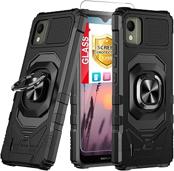TJS Compatible for Nokia C110 N156DL Case, with Tempered Glass Screen Protector, Metal Ring Magnetic Support Kickstand Heavy Duty Drop Protection Cover Phone Case Black