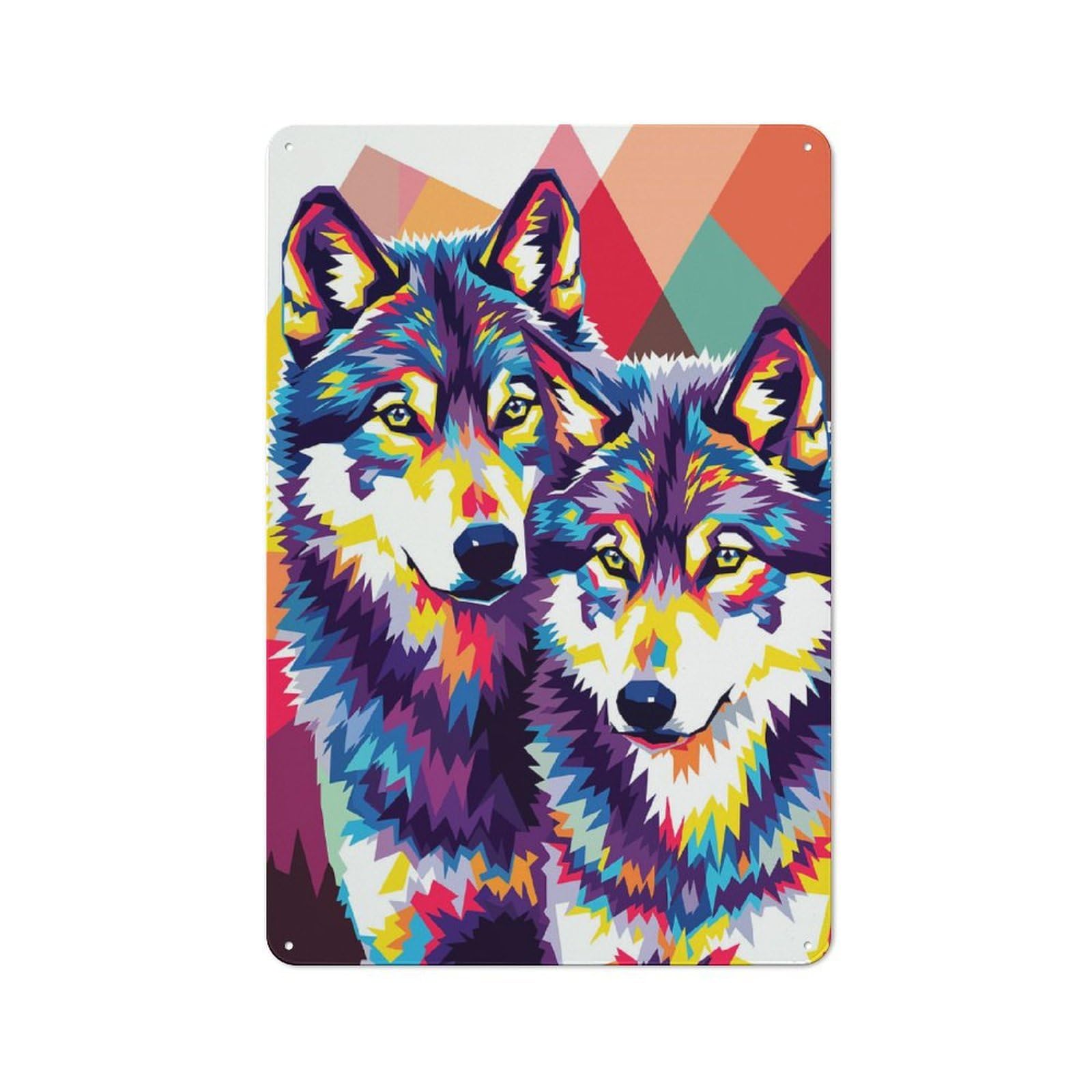 Junmoney Style-2 Everyday Colorful Wolves Pop Art Illustration Decorative Tin Plaque 30X20cm, Room Wall Plaque For Bedroom, Kitchen, Office Or Living Room