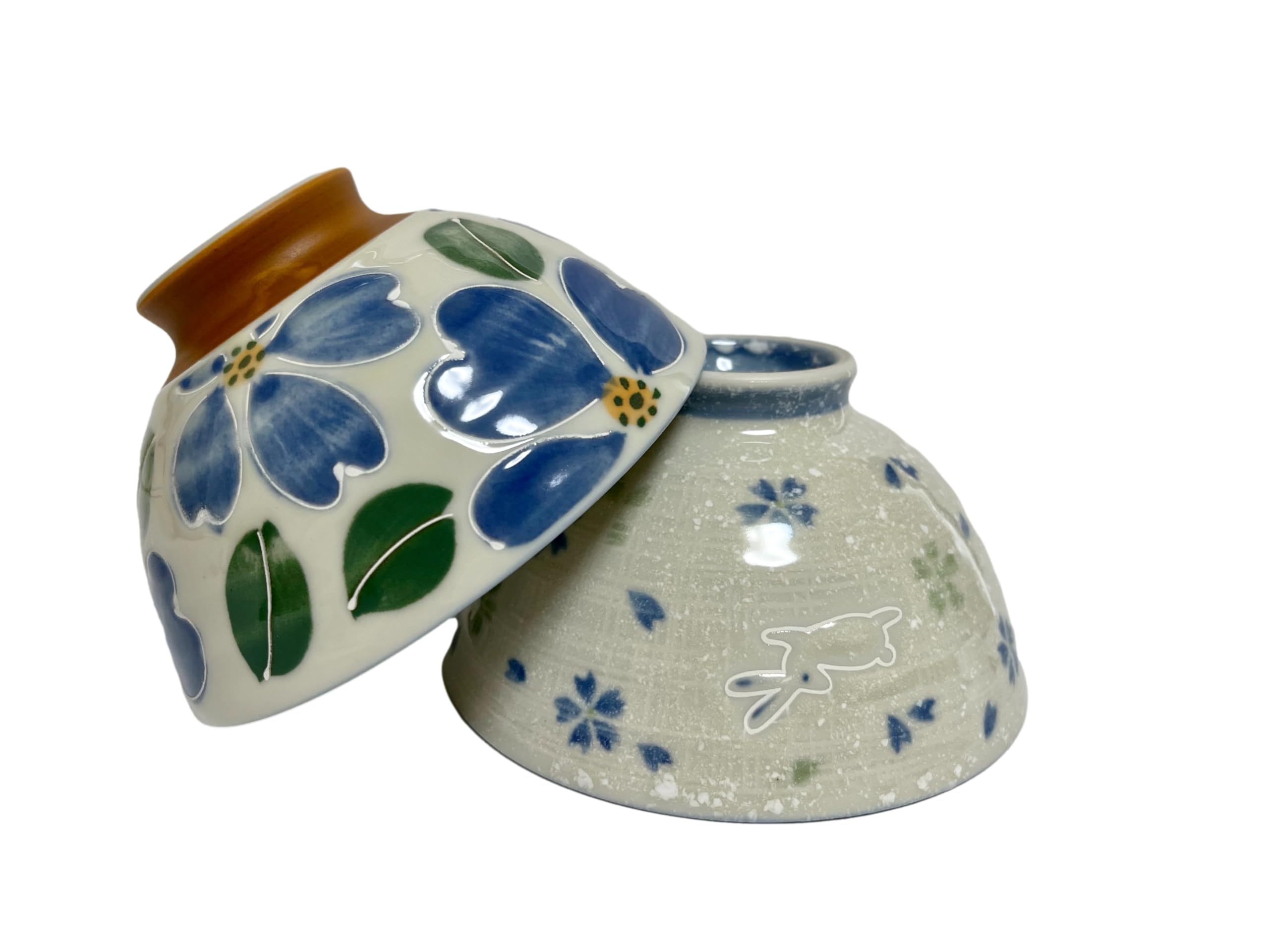 Japanese Mino Ware Ceramic Rice Bowl Set, Blue Flowers and Rabbits Pattern, 4.84 Inches Diameter x H2.6 Inches, 13.3 Fluid Ounces Set of 2 from Japan (Blue flowers,Rabbit)