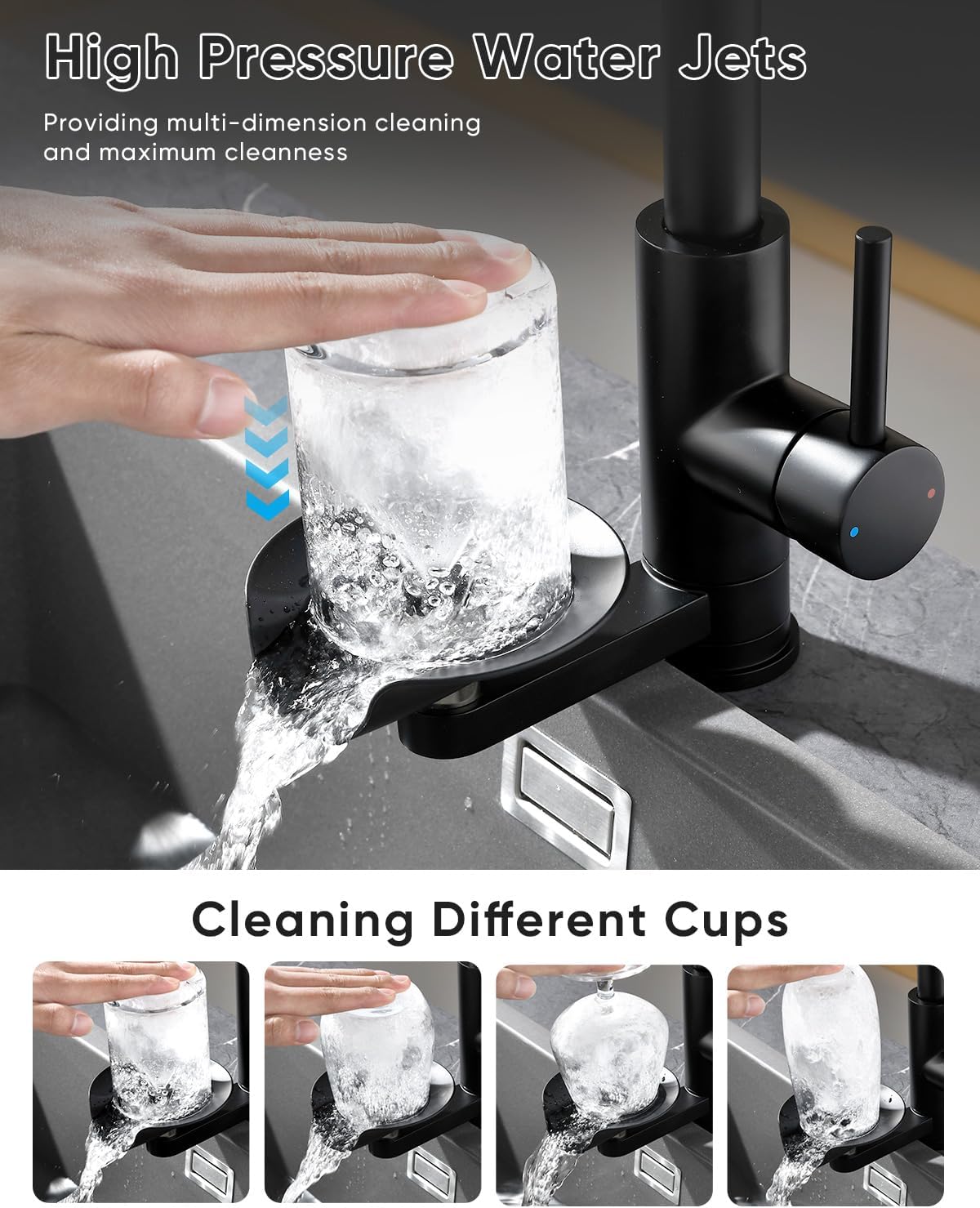 OWOFAN Kitchen Faucet with Cup Washer Pull Down Sprayer Stainless Steel Kitchen Sink Faucet with Deck Plate Glass Rinser Single Hole Black